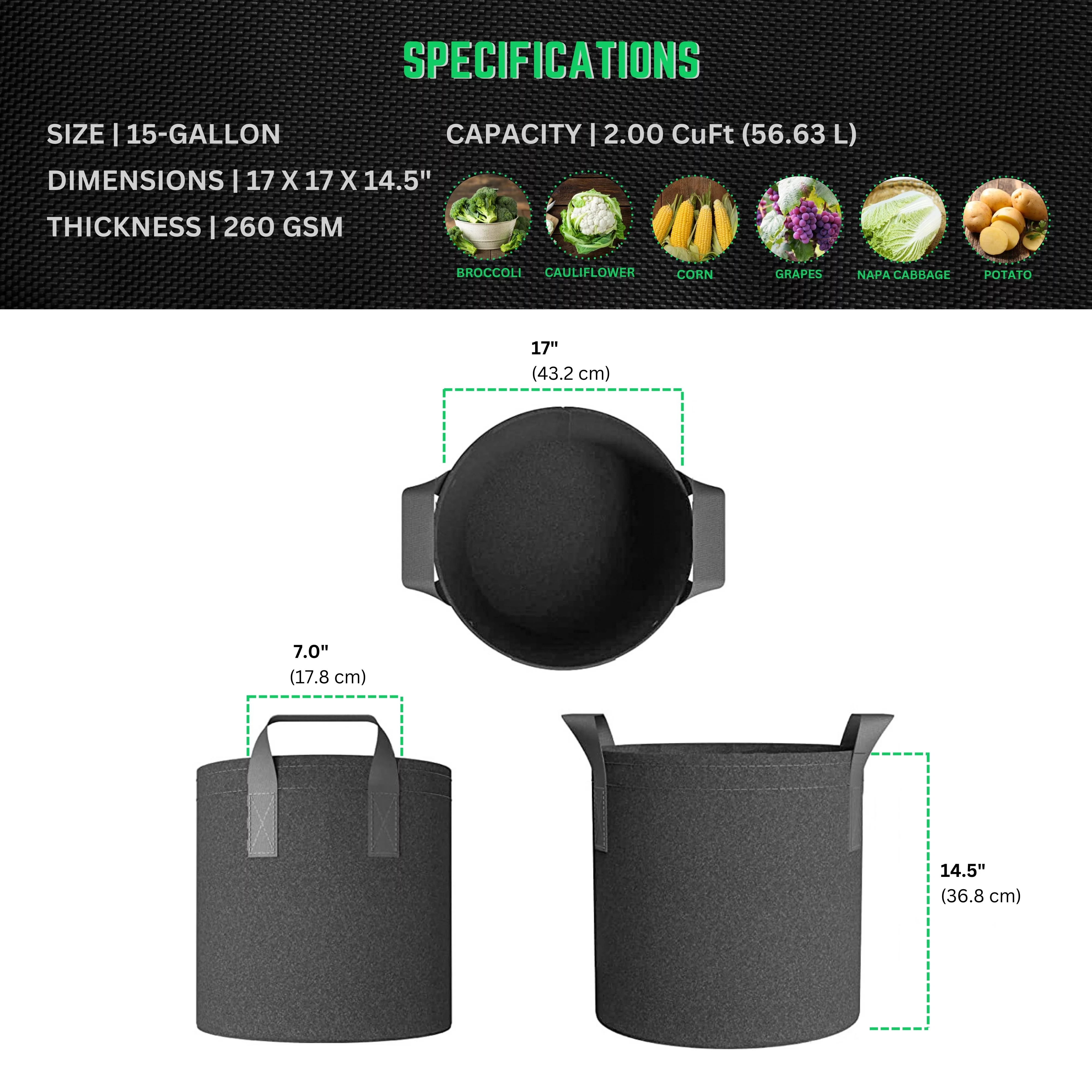 24/7 Garden 15-Gallon Grow Bags / Fabric Pots / Flower Planters (Tan) (5-Pack)