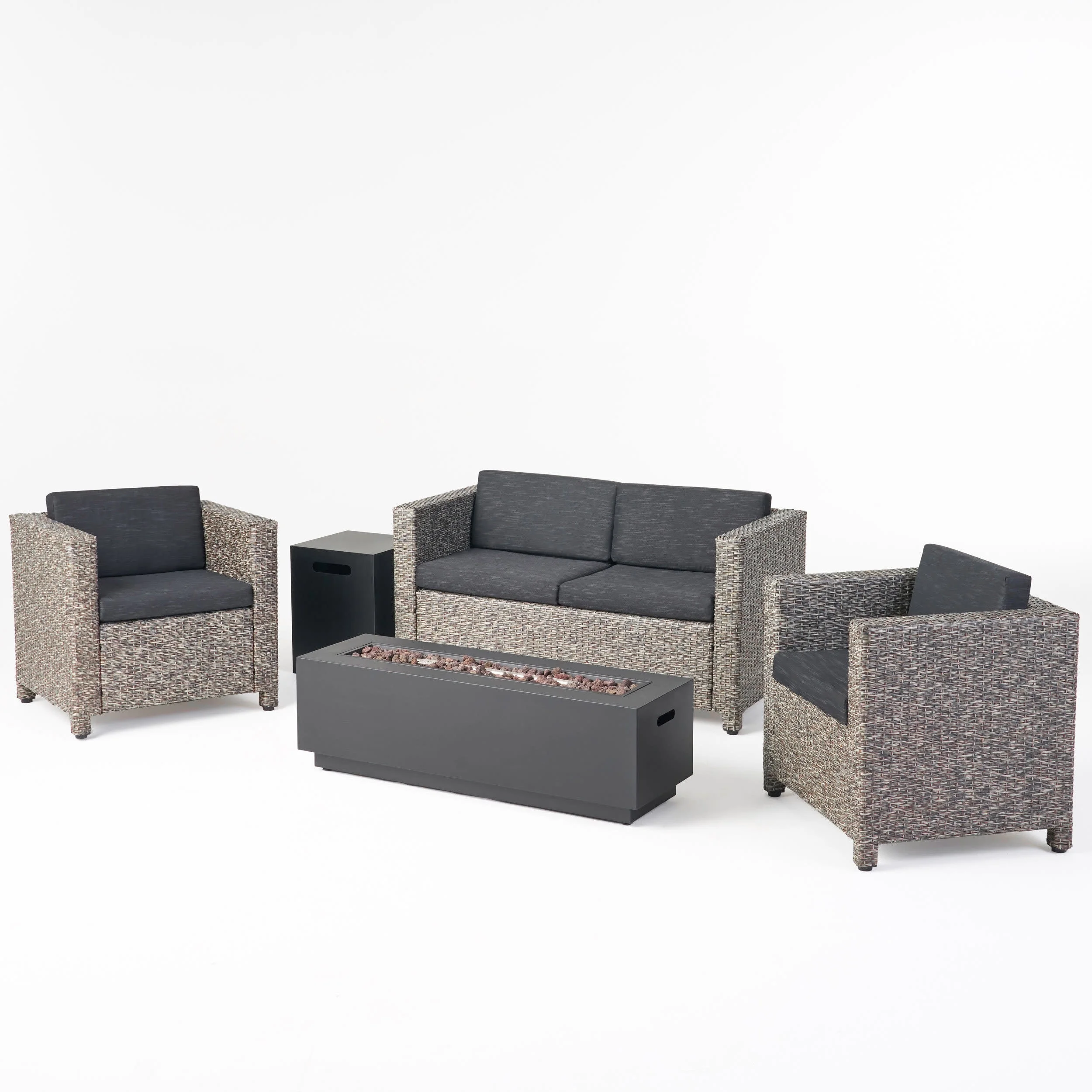 GDF Studio Lanaster Outdoor Wicker 4 Seater Chat Set with Fire Pit, Mixed Black and Dark Gray