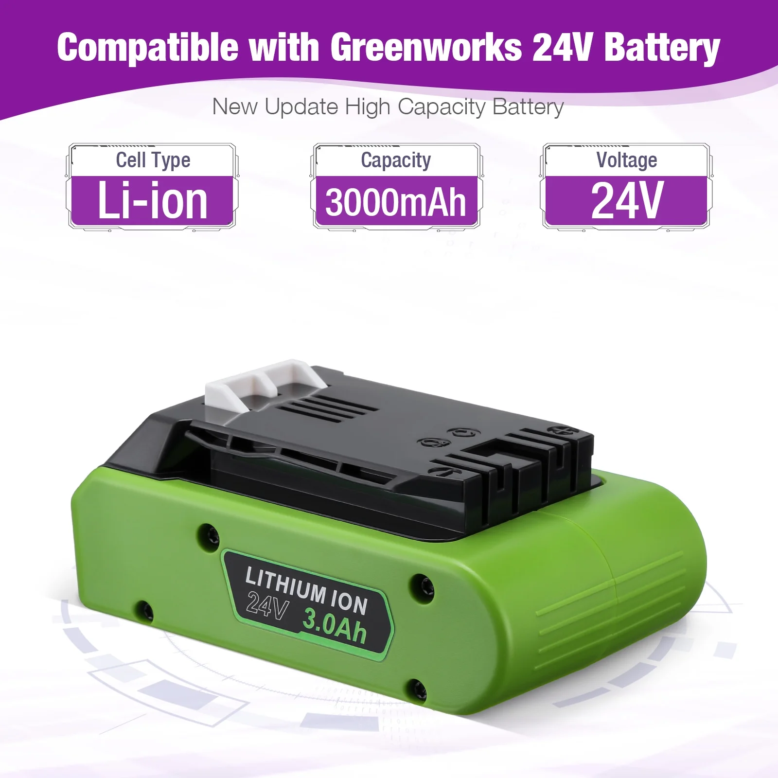 2-Pack 3.0Ah Replacement Lithium Battery for Greenworks 24V 29842 29852 20352 22232 2508302 Power Cordless Tools