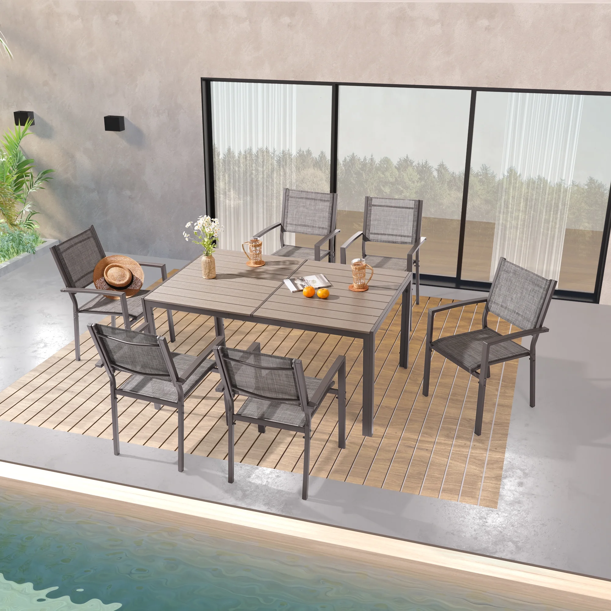 ACEGOSES 7 Pieces Dining Table Set Outdoor Steel and Textilene Furniture Set, HIPS Material Tabletop for Balcony, Porch and Backyard,Gray
