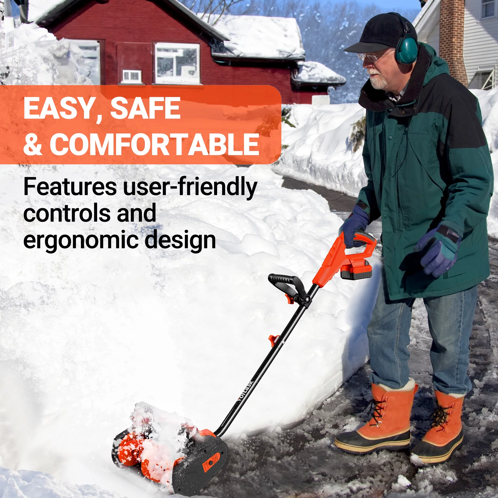 VOLTASK 20V 12-Inch Cordless Snow Shovel with Directional Plate, Battery & Quick Charger Included