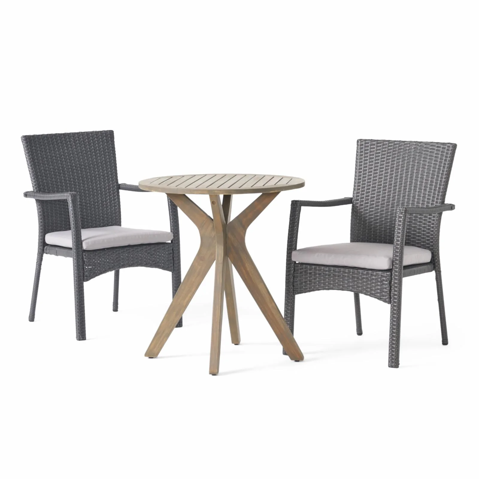 Kiannah Outdoor Acacia Wood and Wicker 3 Piece Bistro Set with Cushion - Teak - Multibrown - and Cream