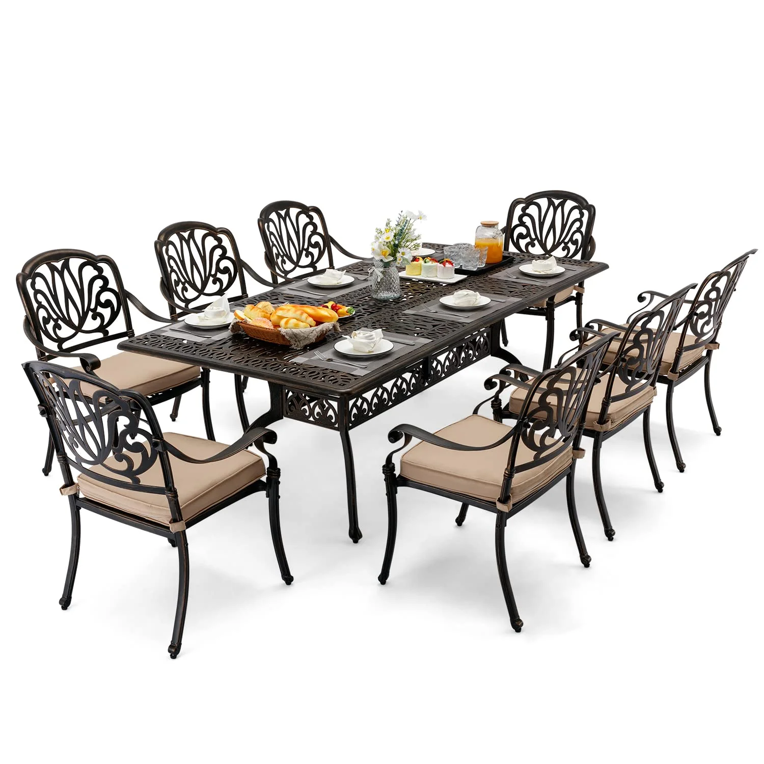 9-Piece Outdoor Dining Set Cast Aluminum, Patio Dining Set for 8 Includes 86.6’’ Table and 8 Chairs with Cushion