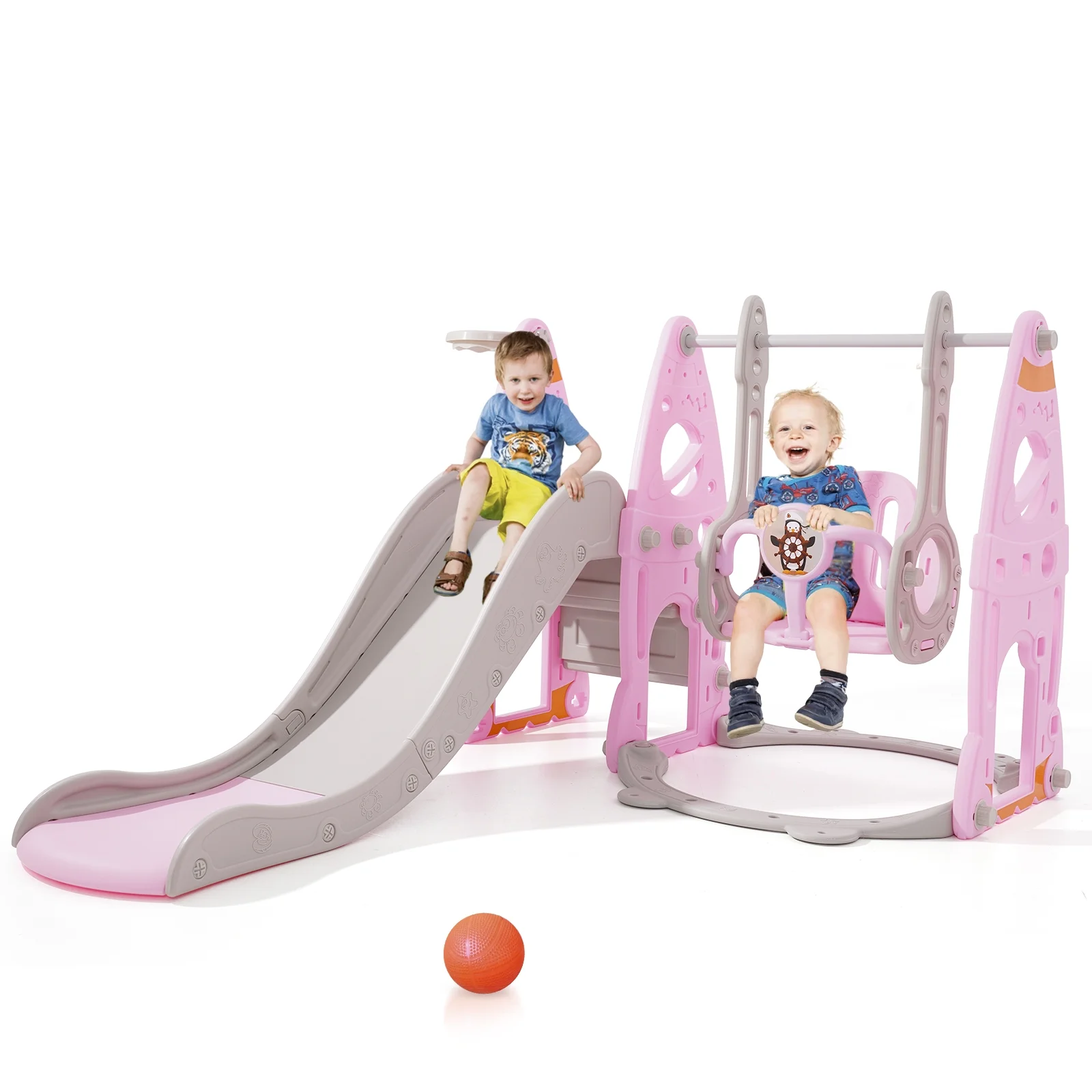 Ealing Toddlers Slide and Swing Set for Age 1-5 ,4 in 1 Indoor Playground for Children Climber Slide with Basketball Hoop, Extra Long Slide 60.45 in,Pink
