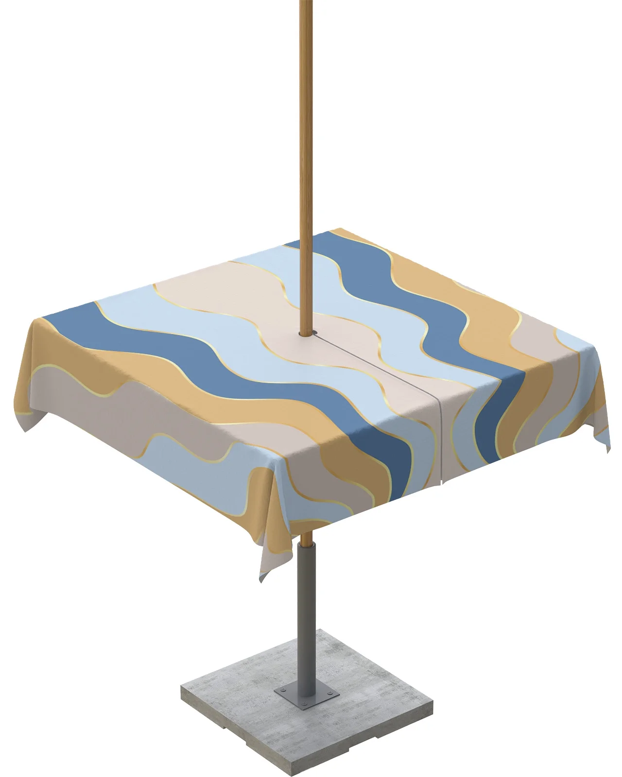 Outdoor Tablecloth with Umbrella Hole and Zipper Blue Brown Ripple Stripes Waterproof Patio Table Cover Square&nbsp;Table Cloth for Picnic Party BBQS, 60x60