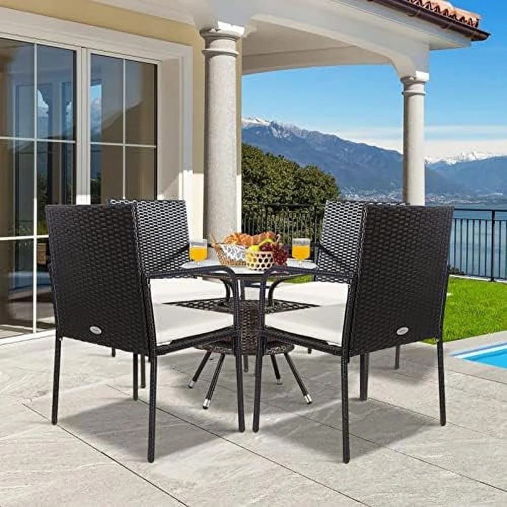 Set Of 4 Outdoor Dining Chairs, All-Weather PE Rattan Patio Chairs With Comfy Cushions, Outside Rattan Arm Chairs For Backyard, Poolside And Garden Lawn Chairs Set