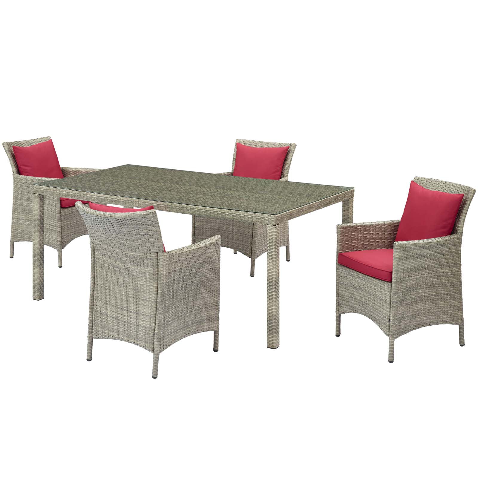 Side Dining Chair and Table Set, Rattan, Wicker, Light Grey Gray Red, Modern Contemporary Urban Design, Outdoor Patio Balcony Cafe Bistro Garden Furniture Hotel Hospitality