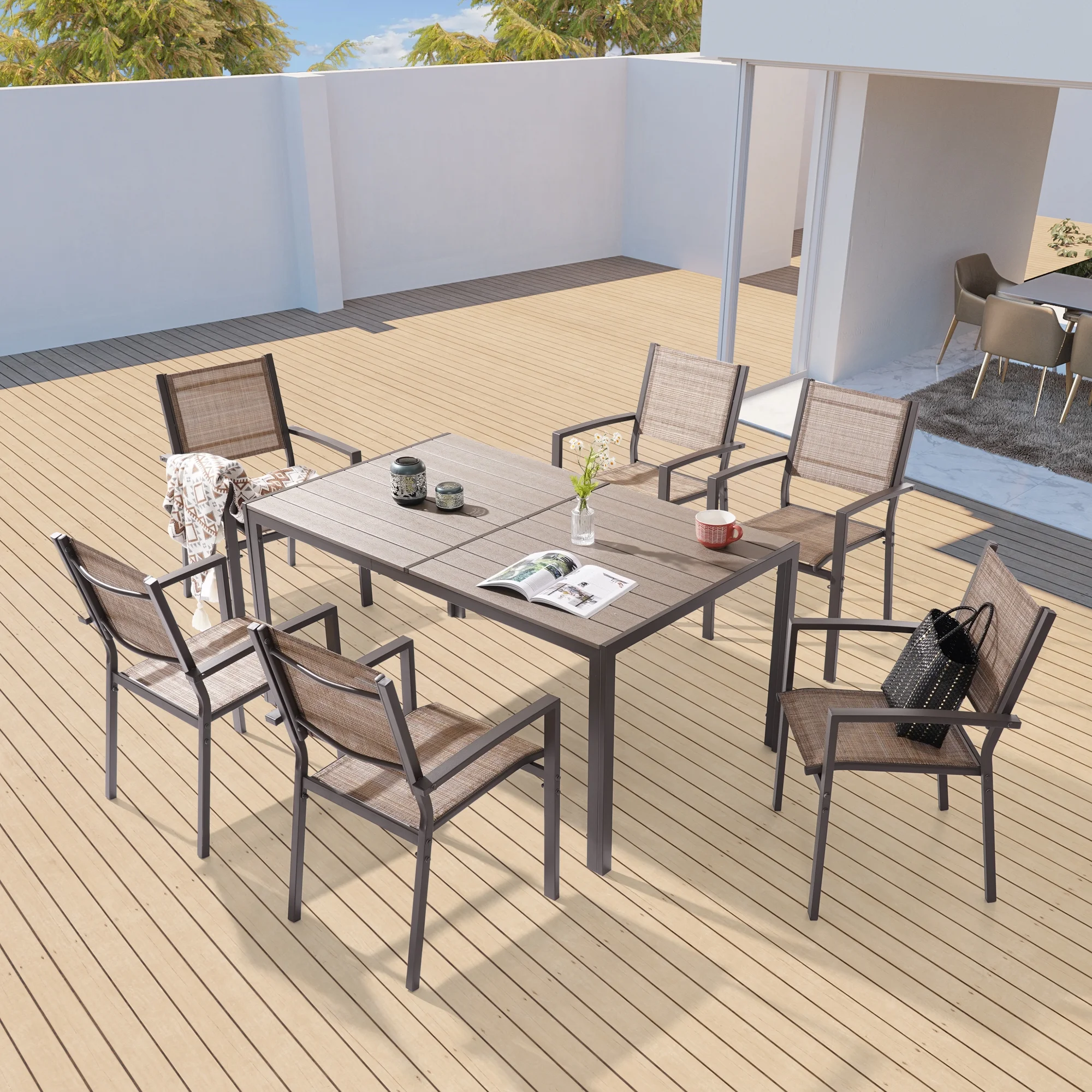 Sonerlic 7 Pieces Dining Table Set Outdoor Steel and Textilene Furniture Set, HIPS Material Tabletop for Balcony, Porch and Backyard,Taupe