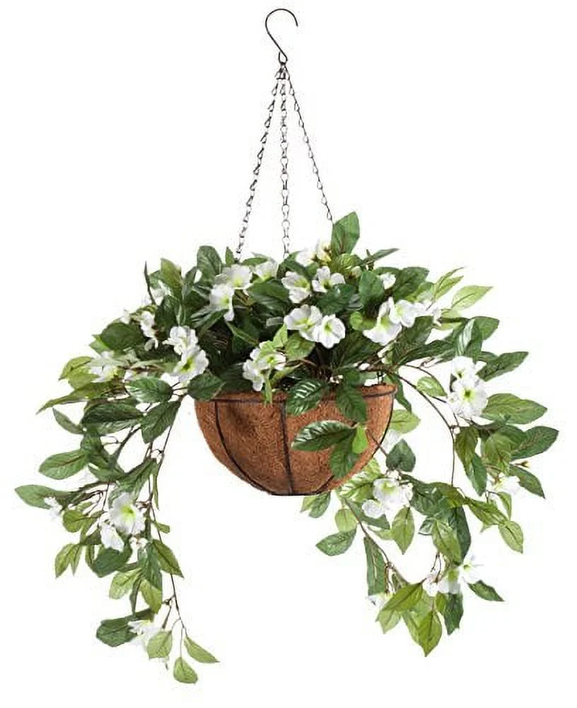 OakRidge Fully Assembled Impatiens Hanging Basket – Large Artificial Flower Outdoor or Indoor Decoration with Hook - White