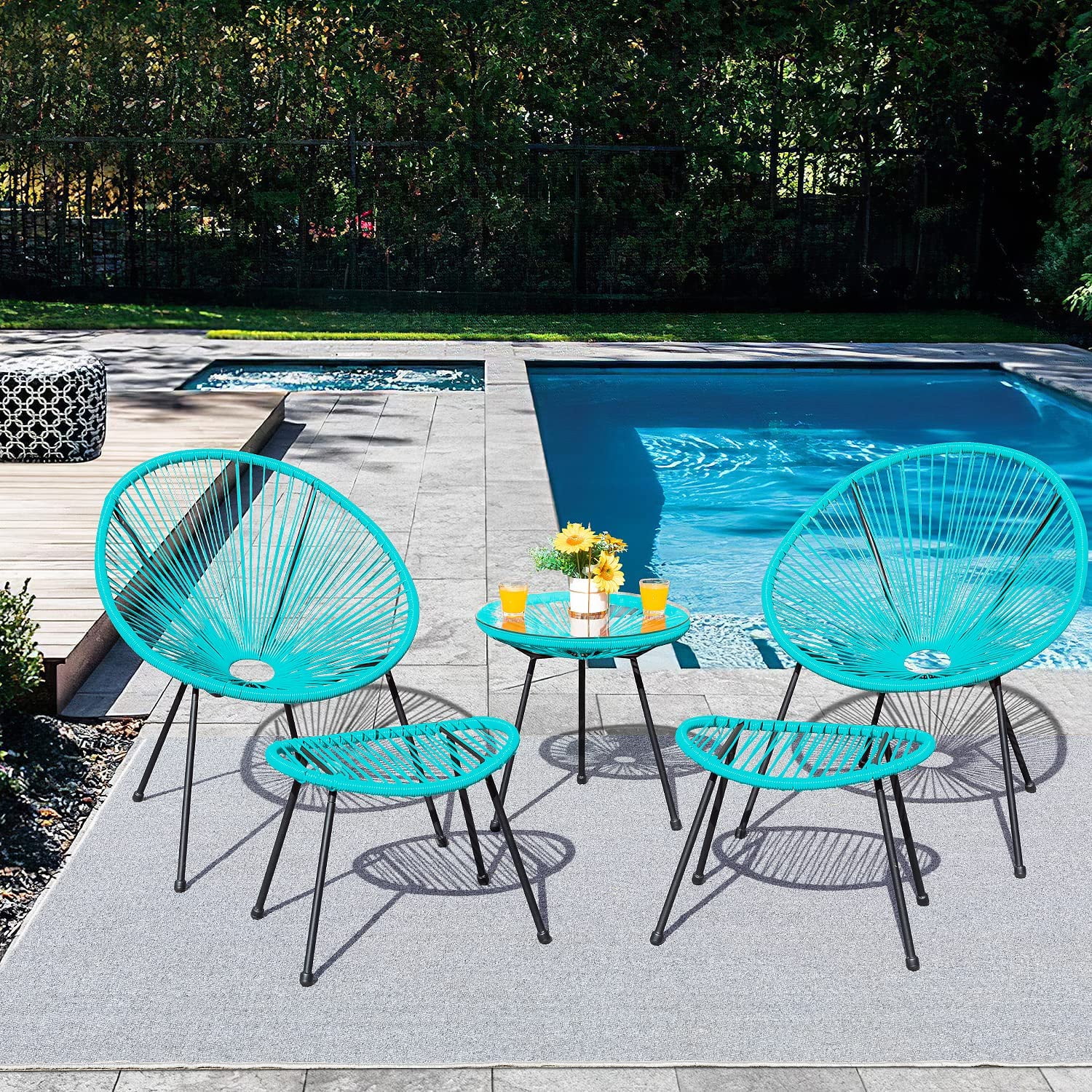 Dina 5 Piece Outdoor Furniture Set Acapulco Modern All-Weather Conversation Set  2 Chairs and 1 Glass Table with 2 Footrest for Indoor  Patio  Lawn  Garden  Poolside (Grey)