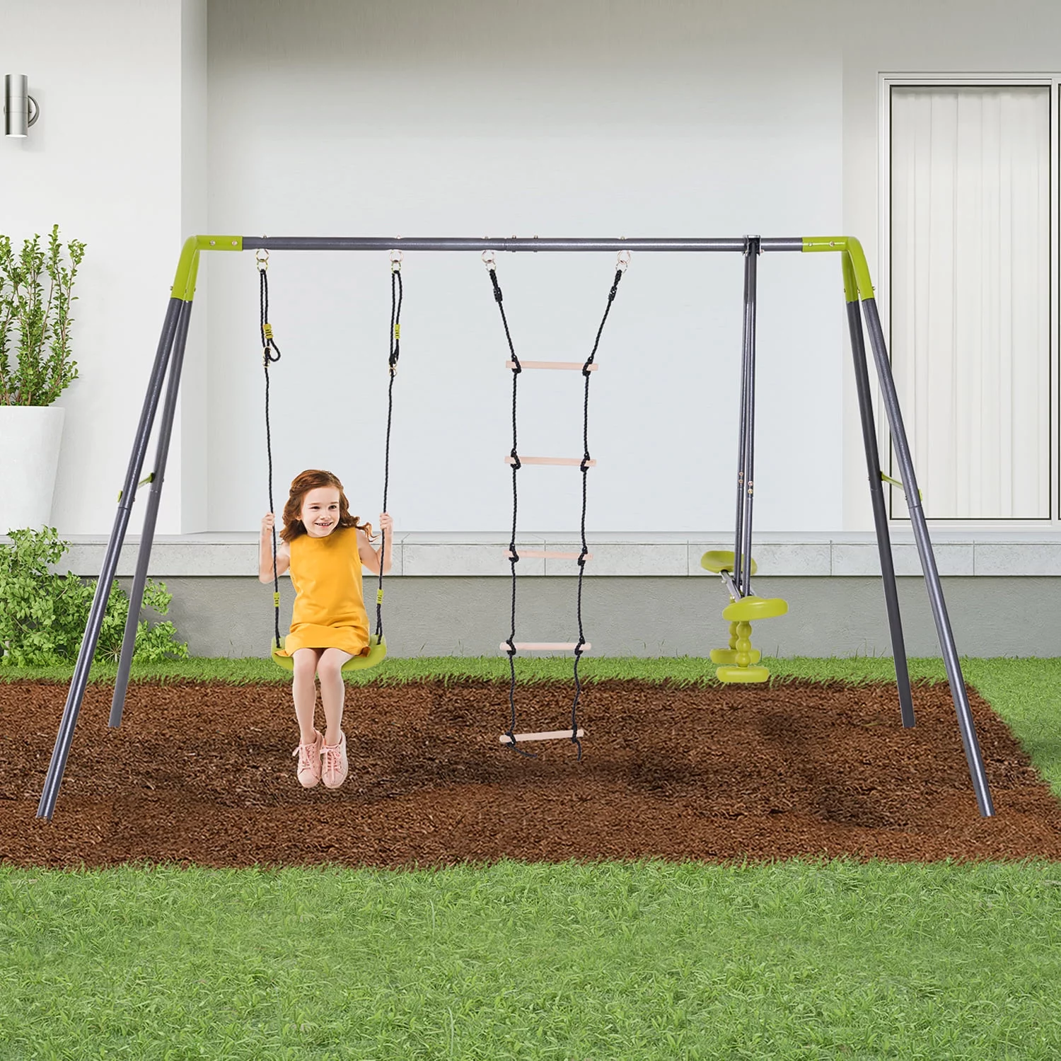 CELLOMOMO 3-in-1 Swing Set for Backyard with Glider & Climbing Ladder, Heavy Duty Metal Frame Swing Set for 4 Children