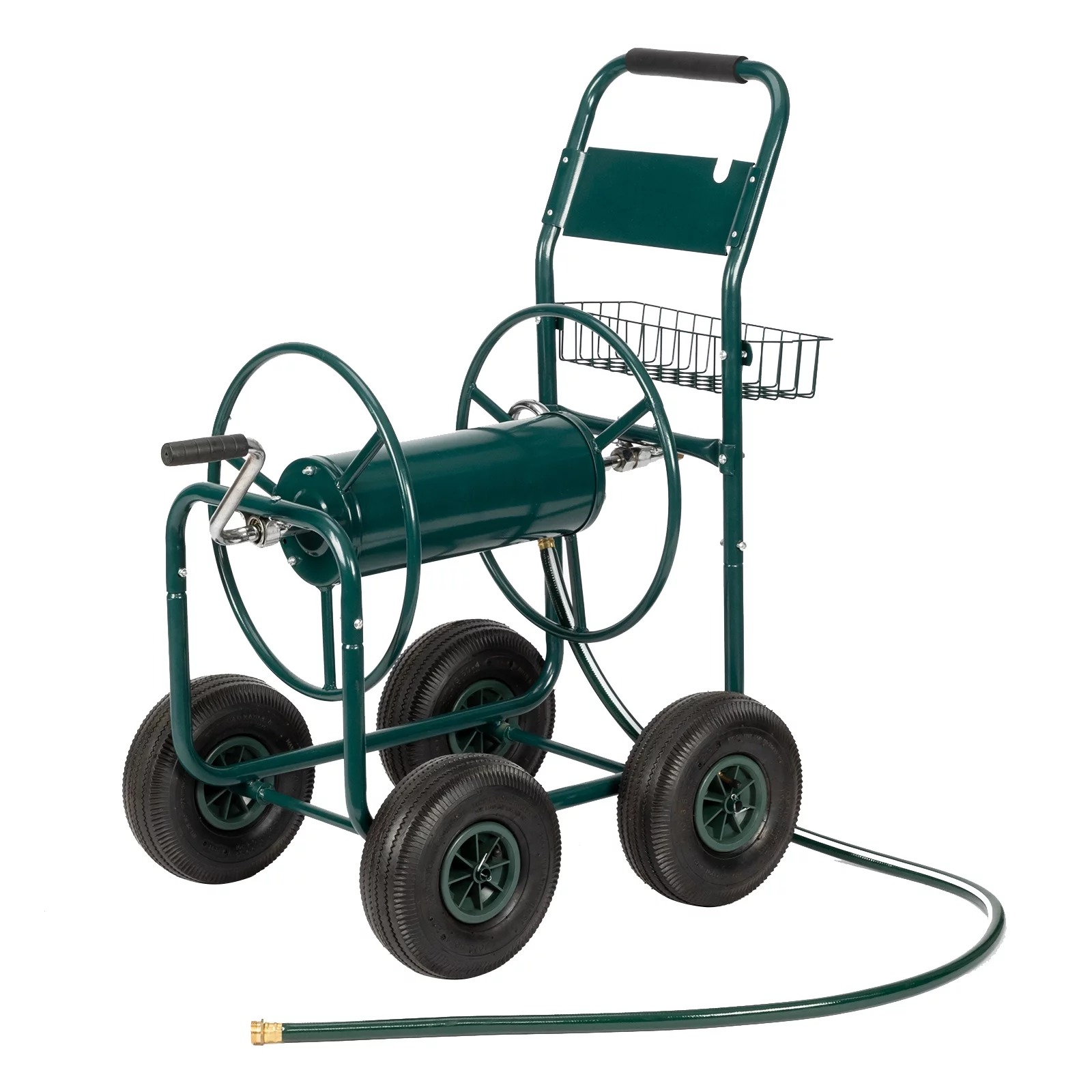 Yard Garden Water Hose Reel Cart Iron Four-Wheel Pipe Truck Dark, Green