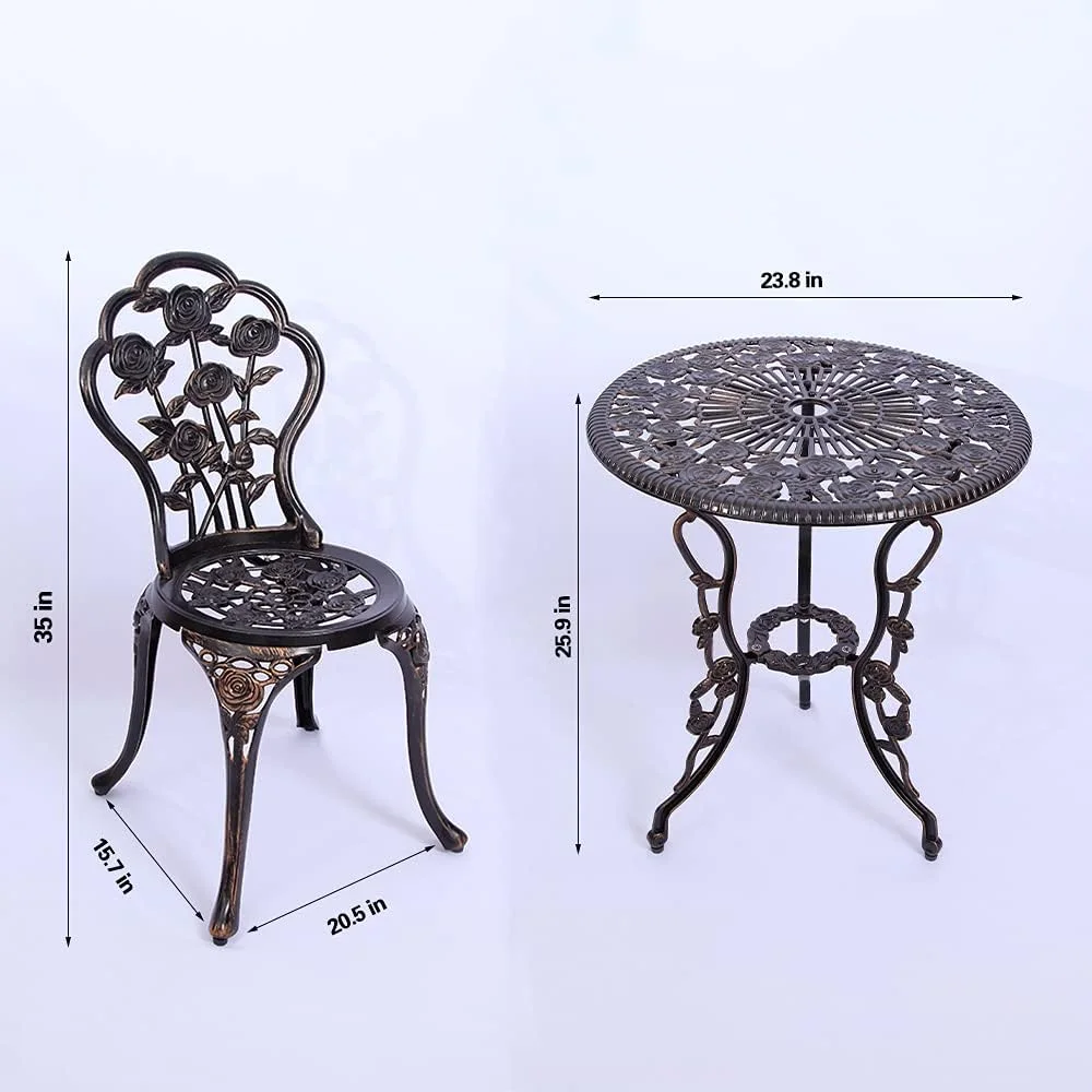 Bistro Set with Rose Pattern  Antique Copper Outdoor Table & Chairs