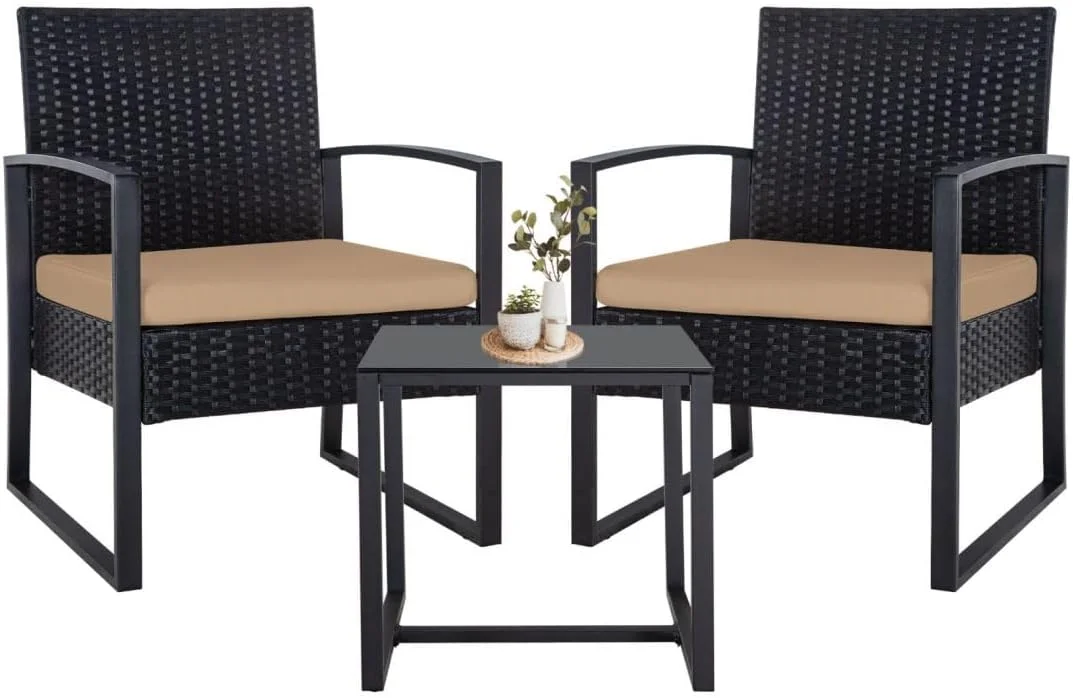 CHOPLKM 3 Pieces Patio  Set  Outdoor Wicker Conversation  w/ 2 Chairs  2 Cushions  Glass Coffee  for Garden Balcony Backyard Porch Lawn - Brown Wicker & Brown Cushions