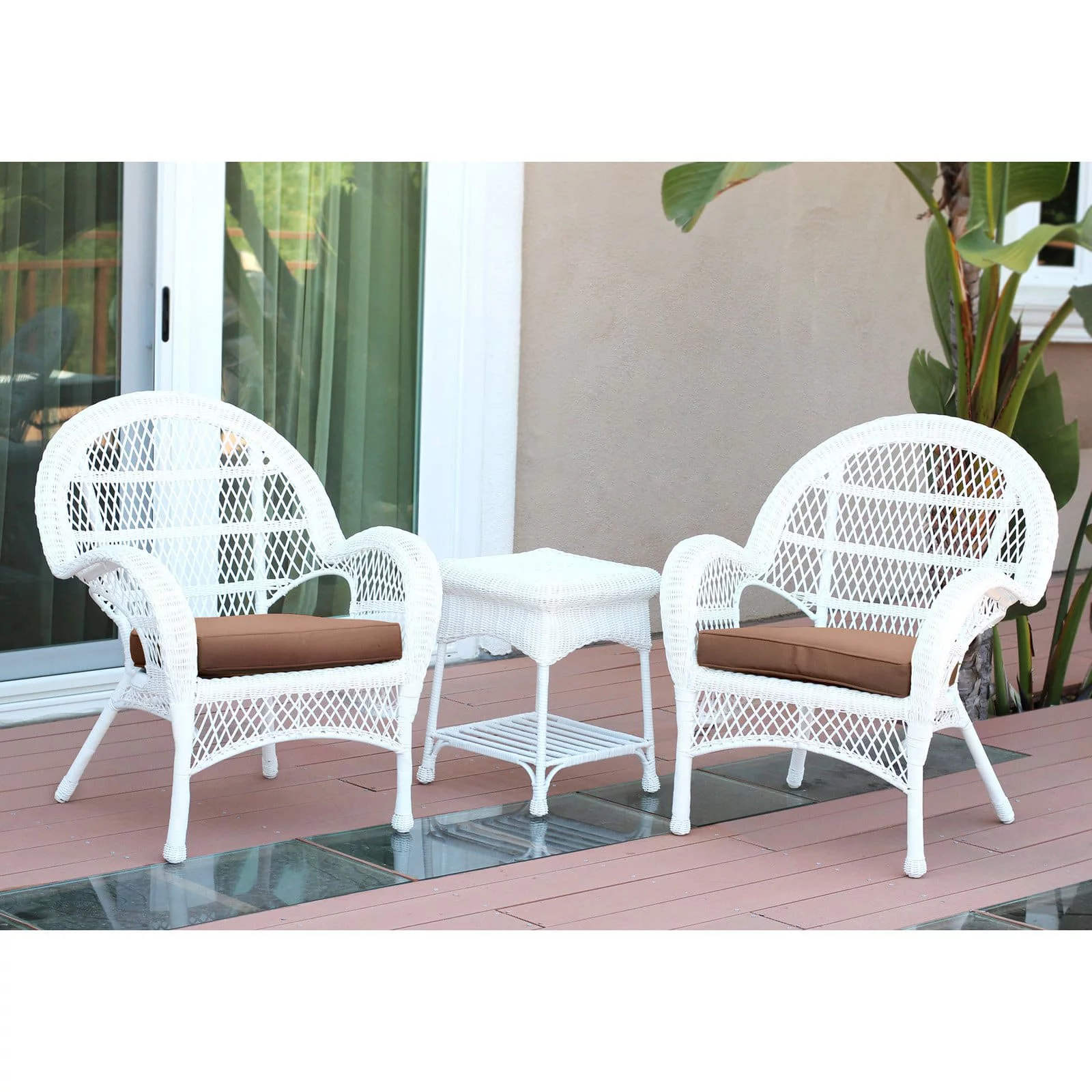Jeco 3 Piece Wicker Conversation Set in White with Tan Cushions