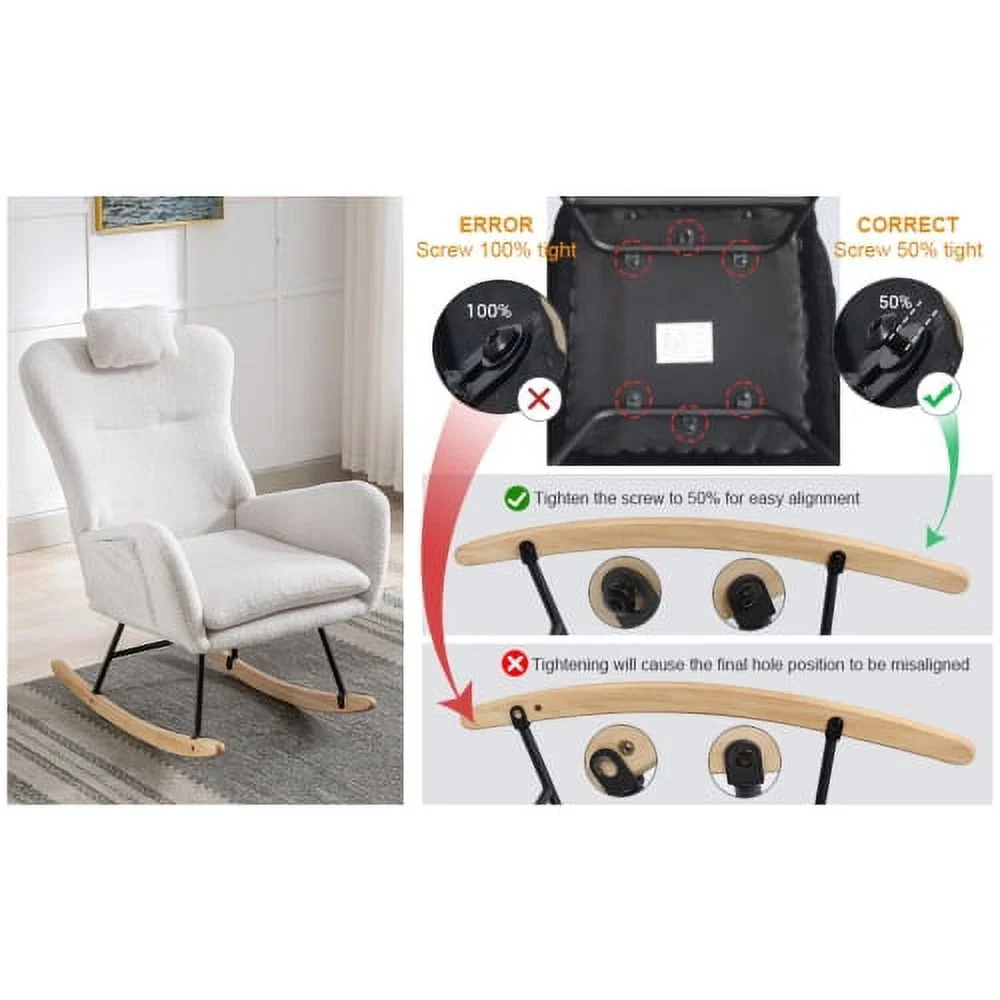 LEIYEHOOM 35.5 inch Rocking Chair with Pocket  Soft Teddy Fabric Rocking Chair for Nursery  Comfy Wingback Glider Rocker with  Solid Wood Base for Living Room Bedroom Balcony (white)