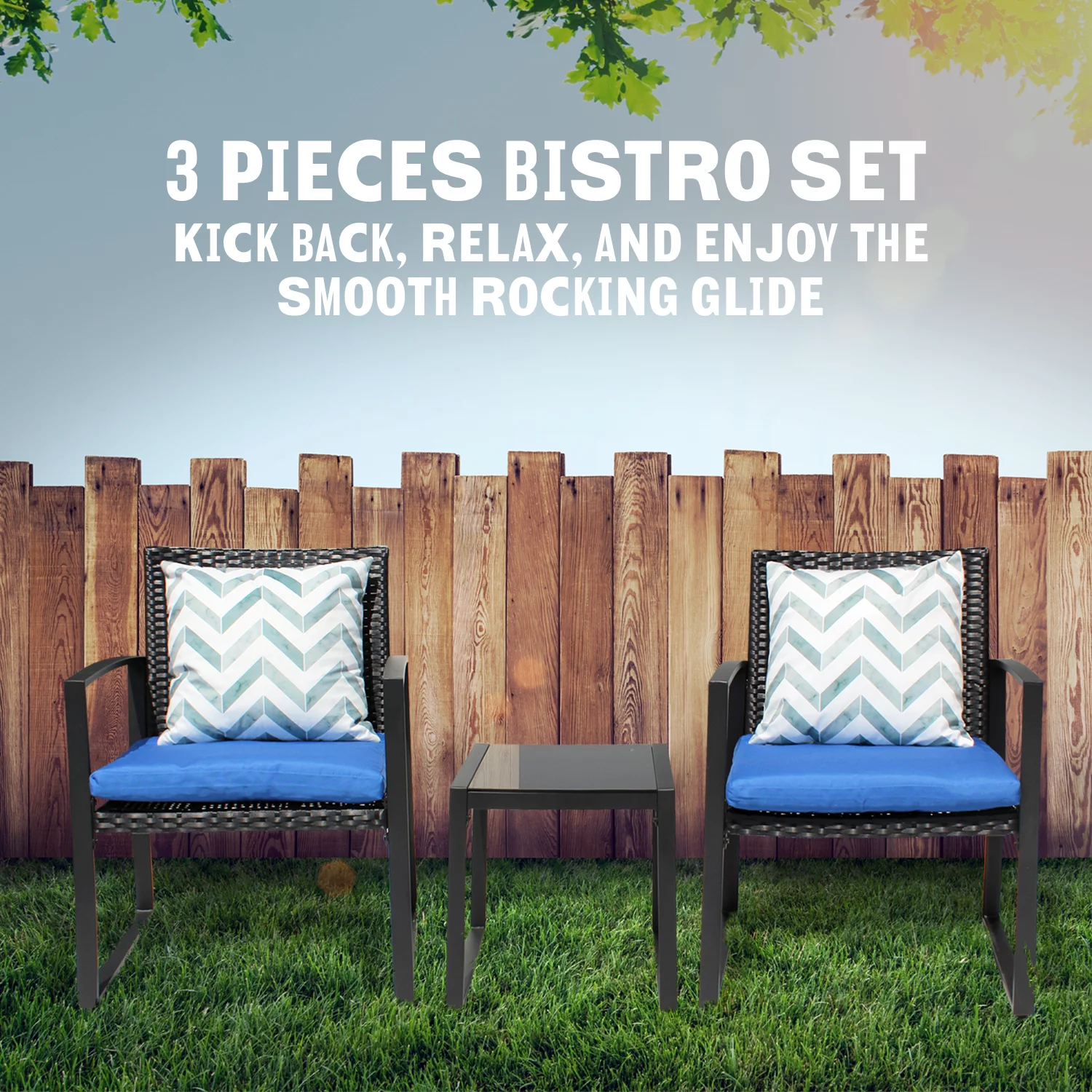 Patio 3-Piece Conversation Black Wicker Furniture-Two Chairs with Glass Coffee Table Dark Blue