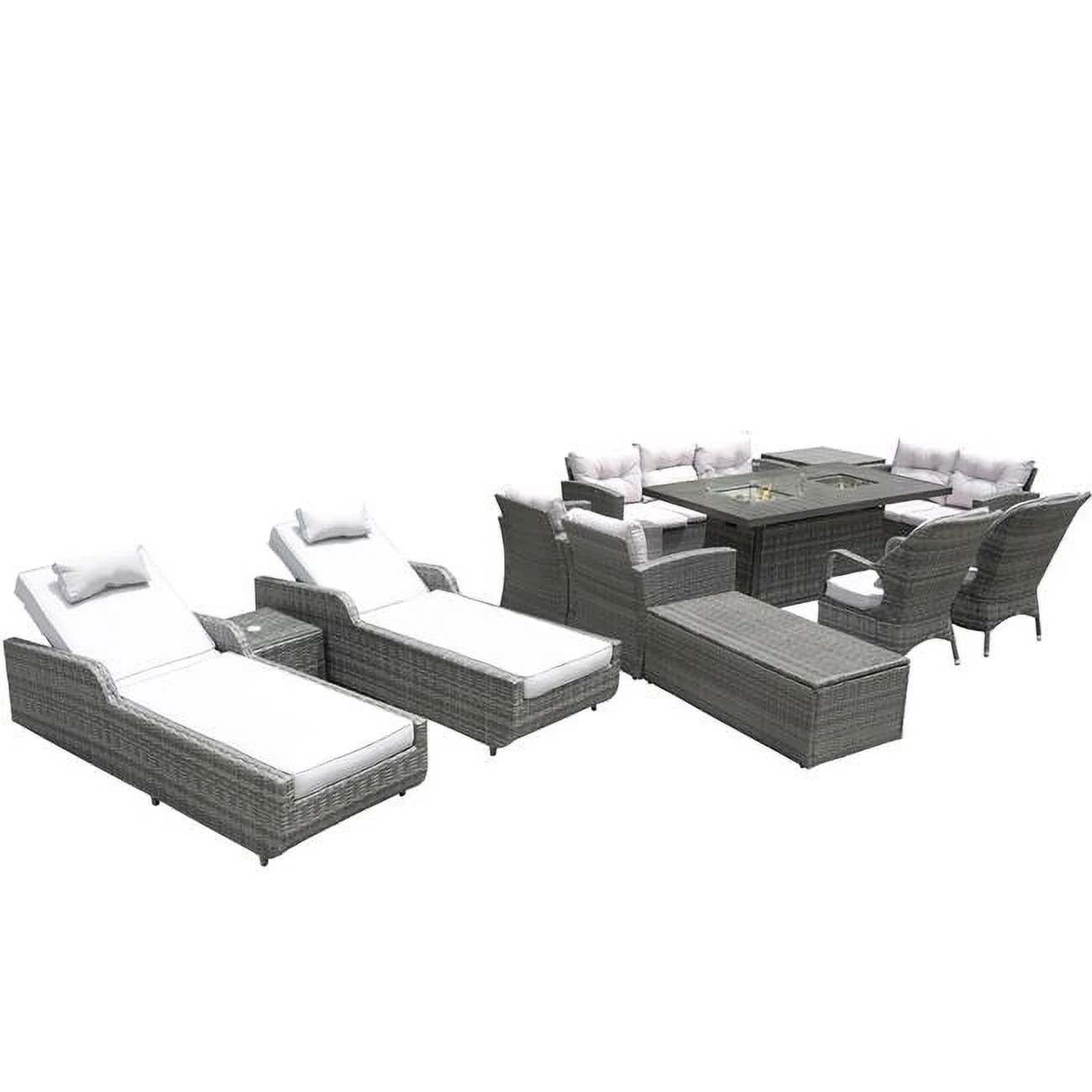 HomeRoots 479112 60 in. Outdoor Wicker Multiple Chairs Seating Group Fire Pit Included with Cushions, Gray - 12 Piece