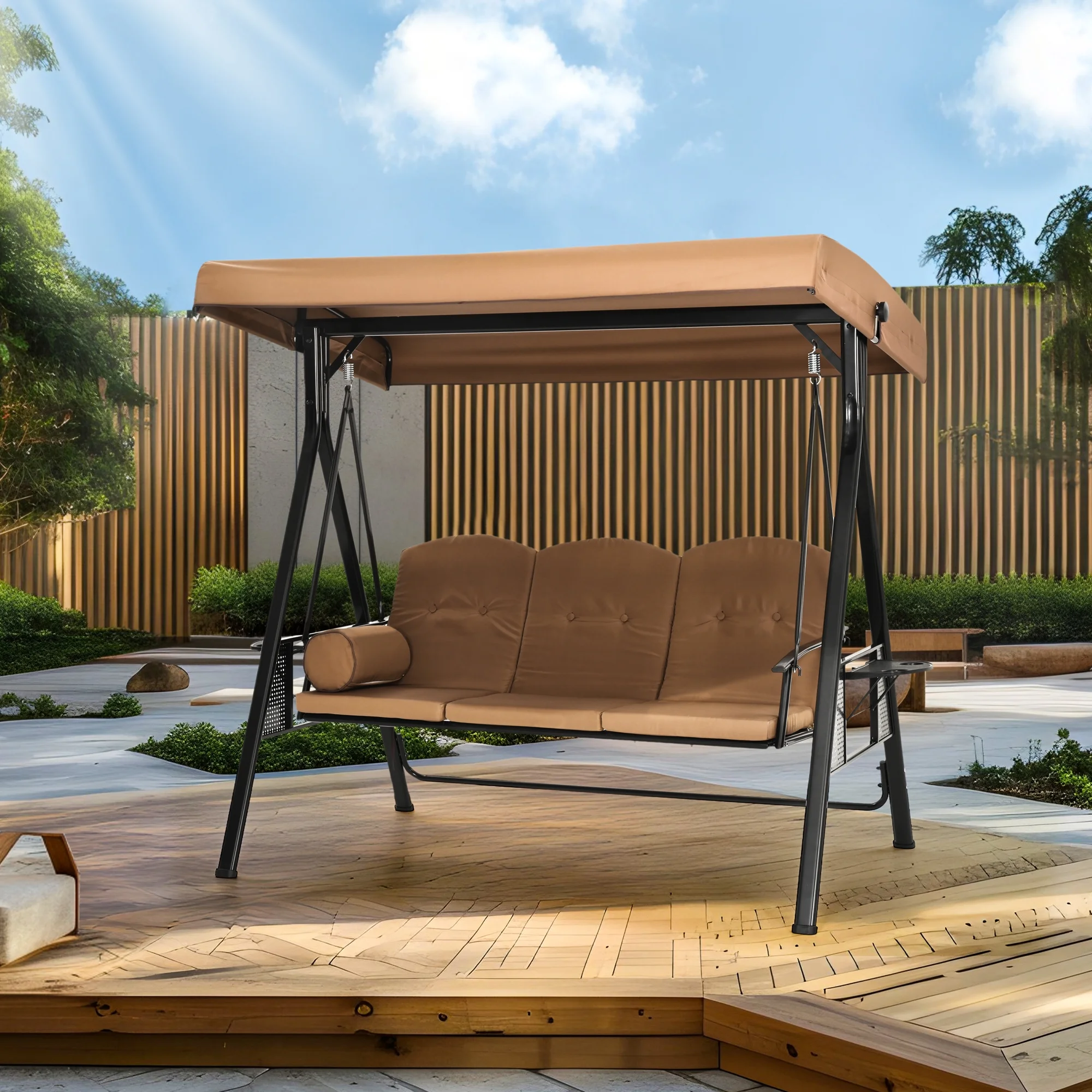 3-Person Brown Metal Patio Swing with Canopy and Cushions