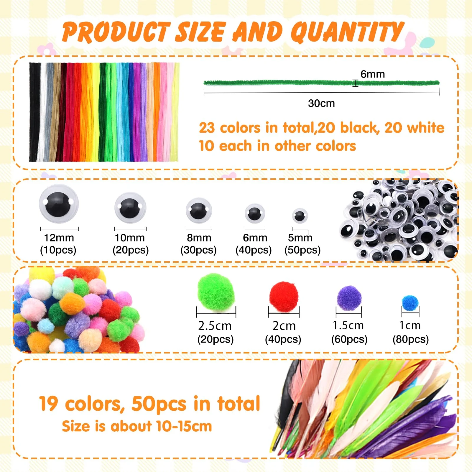 TOAOB 650pcs Craft Supplies Set - Chenille Stems, Pom Poms, Wiggle Googly Eyes, Goose Feathers - DIY Art Kit