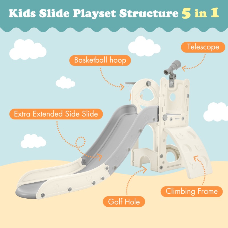 Kids Slide Toy Structure 5-in-1, Freestanding Spaceship Set with Slide, Telescope and Basketball Hoop, Toddler Golf Hole, Kids Climber Playground