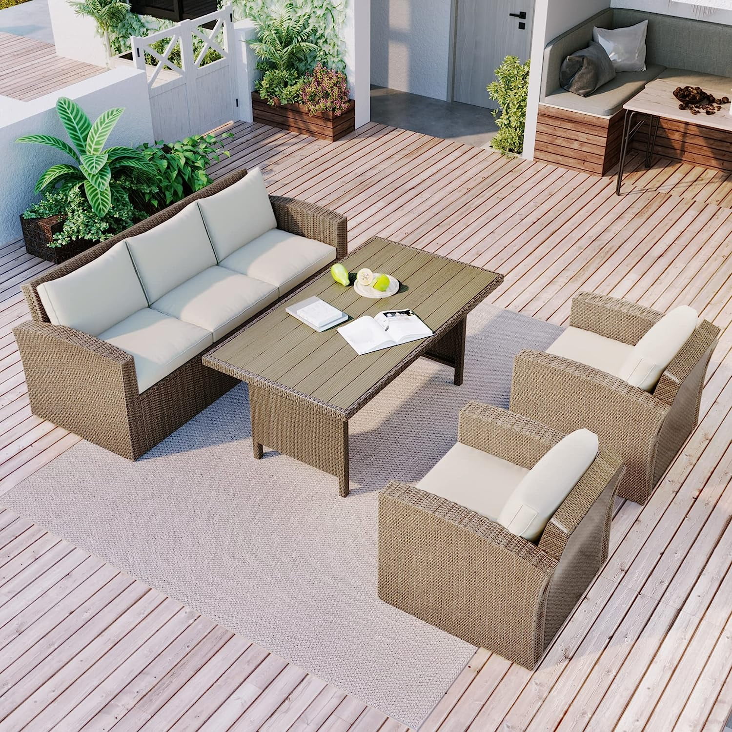 4-Piece Outdoor Patio Furniture  Weather PE Rattan Conversation Sectional Sofa Dining Set with Grey Cushions for Backyard Porch Poolside  Beige