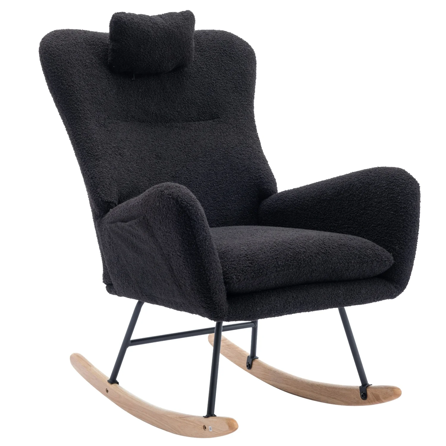 Comfy Black Soft Teddy Fabric 35.5 inch Wingback Glider Rocker Chair with Pocket for Nursery - Safe Solid Wood Base Rocking Chair for Living Room  Bedroom  Balcony