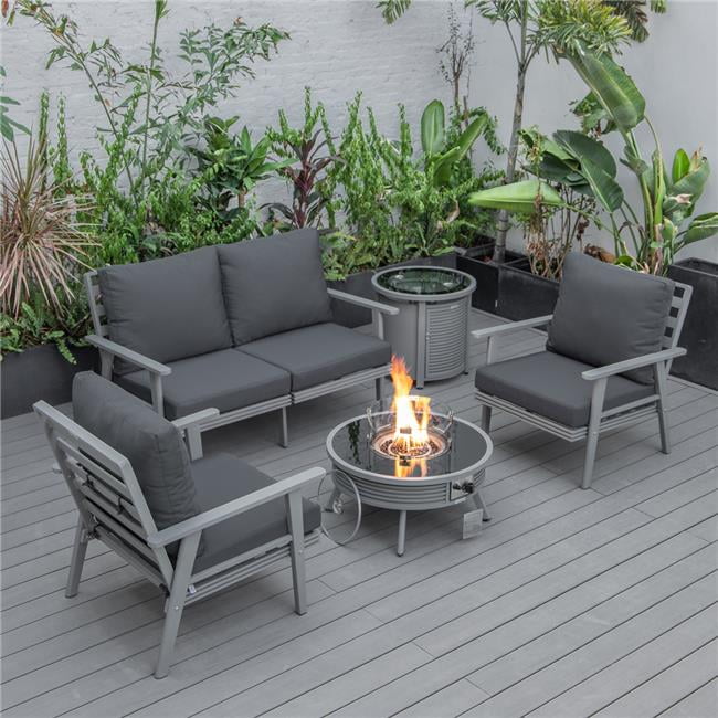 Walbrooke Modern Gray Patio Conversation with Round Fire Pit Slats Design & Tank Holder, Charcoal