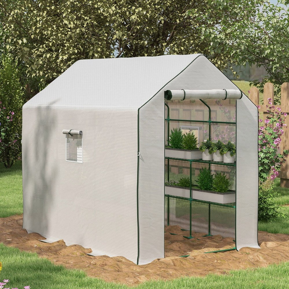 4.6' x 4.7' Portable Greenhouse, Water/UV Resistant Walk-In Small Outdoor Greenhouse with 2 Tier U-Shaped Flower Rack Shelves, Roll Up Door & Windows, White