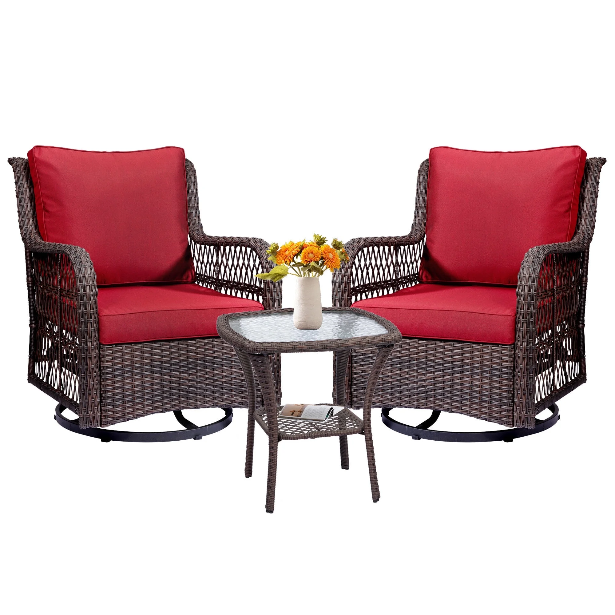 Homhougo—3 Pieces Outdoor Wicker Swivel Rocker Patio Set with Premium Cushions and Armored Glass Top Side Table for Backyard Red