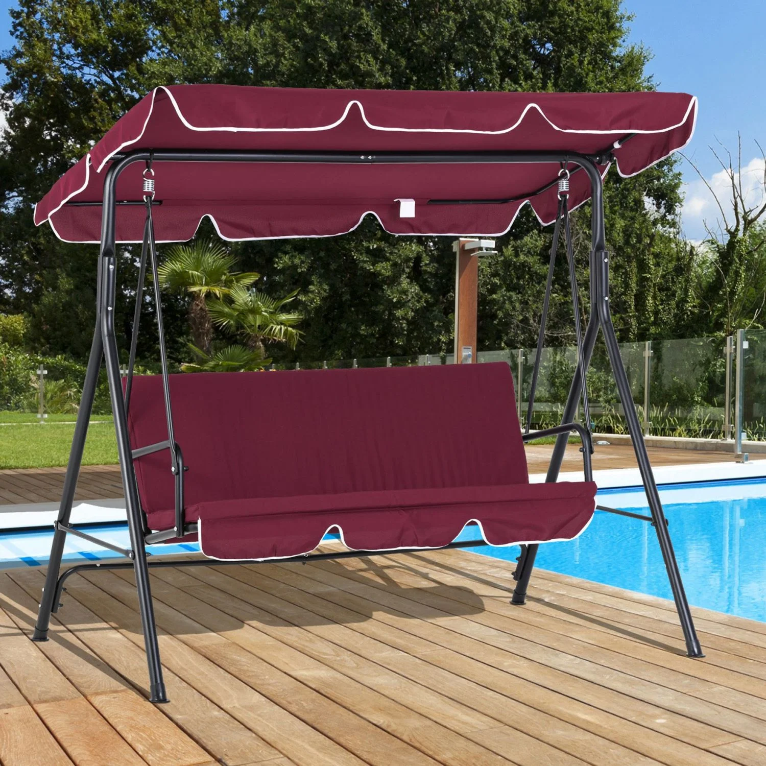 CHYITB 3-Seat Outdoor Patio  Chair with Removable Cushion  Steel Frame Stand and Adjustable Tilt Canopy for Patio  Garden  Poolside  Balcony  Backyard  Wine Red