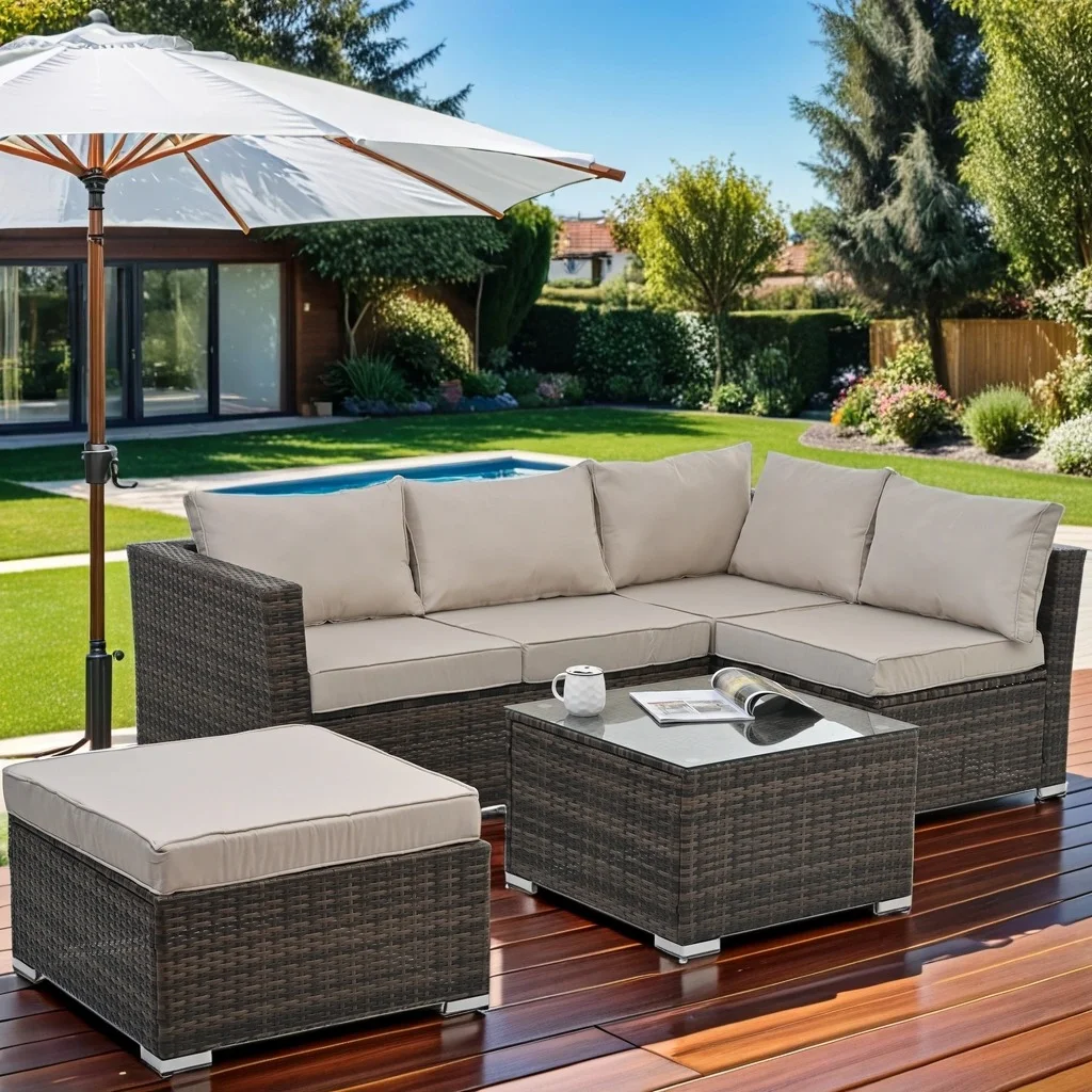 4 Pieces Patio Furniture Set, Patio Conversation Set, All Weather Outdoor Sectional Wicker Rattan Patio Seating Sofa with Cushion and Glass Table, Beige