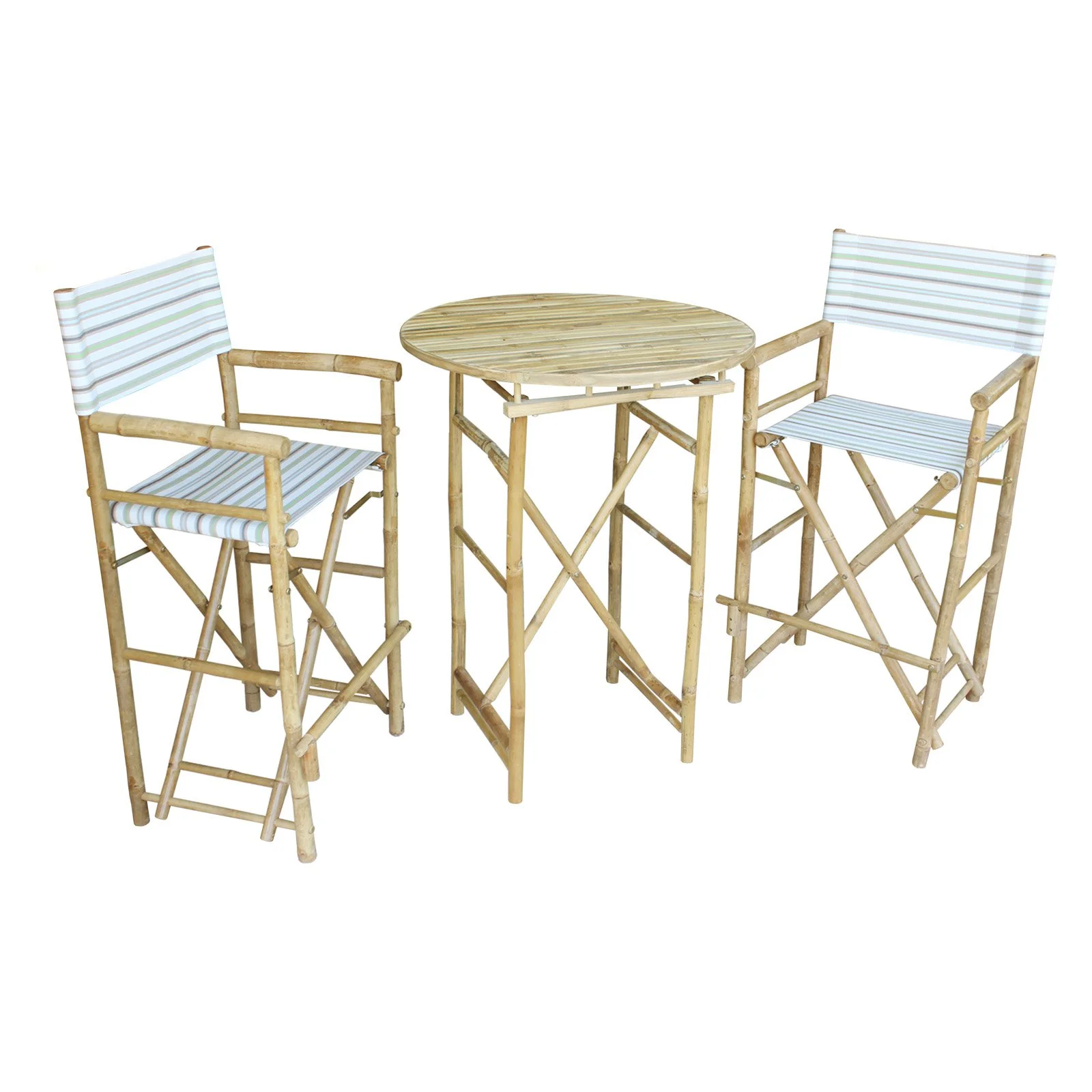 Zew Hand Crafted 3 Piece Round Folding Bamboo Bar Height Patio Dining Set