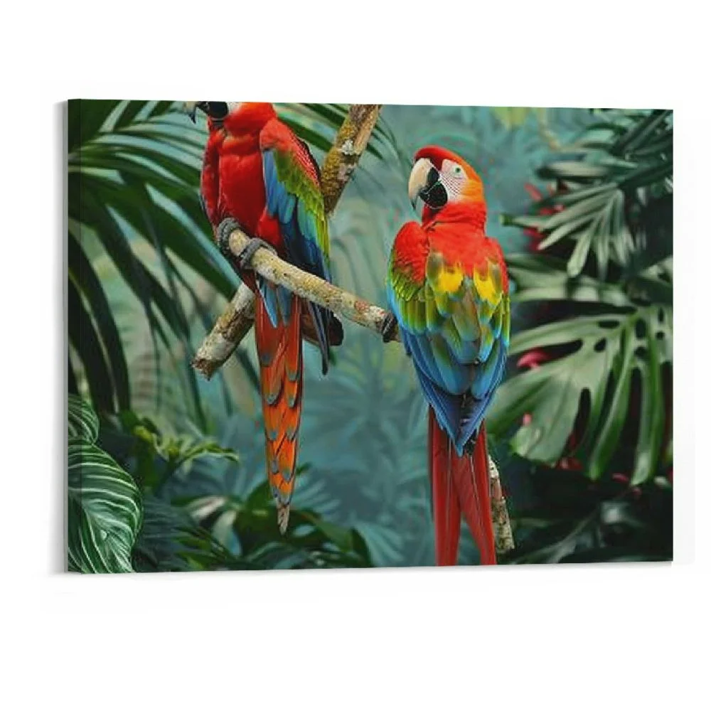 BCIIG Animals Colorful Birds Parrot Scarlet Macaw Loving In Rainforest Poster Canvas Print Wall Art Holiday Gift Bathroom Living Room Bedroom Home Decor Frameless 20