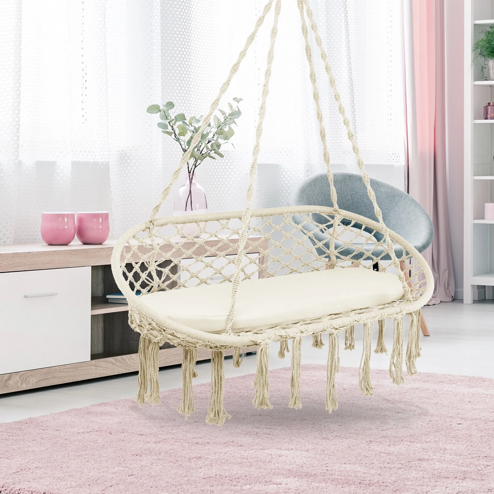 2 Person Hanging Hammock Chair with Cushion Macrame Swing 330 lbs Capacity Beige