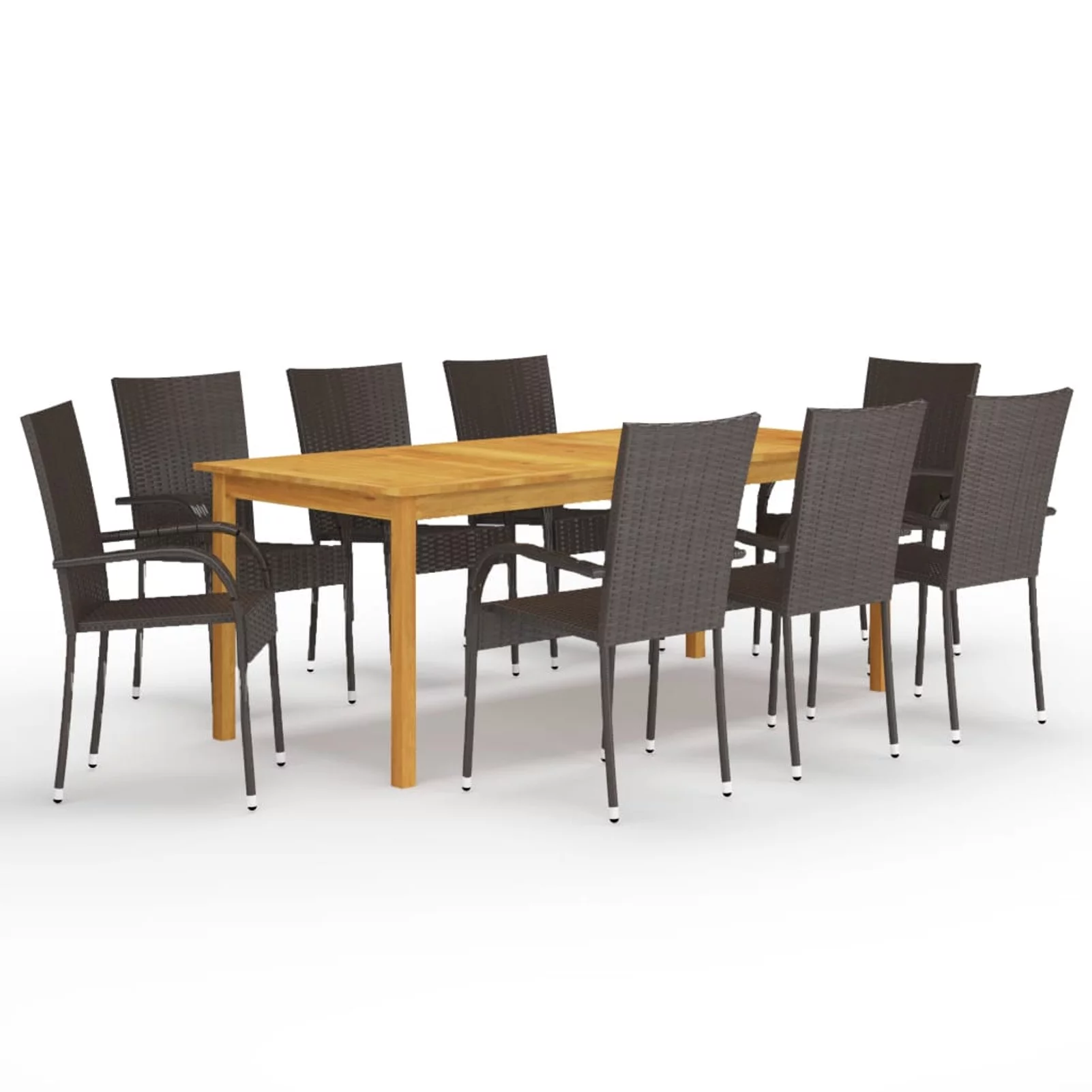 Anself Set of 9 Outdoor Dining Set Acacia Wood Table and 8 Chairs Brown Poly Rattan Steel for Garden, Lawn, Courtyard, Backyard