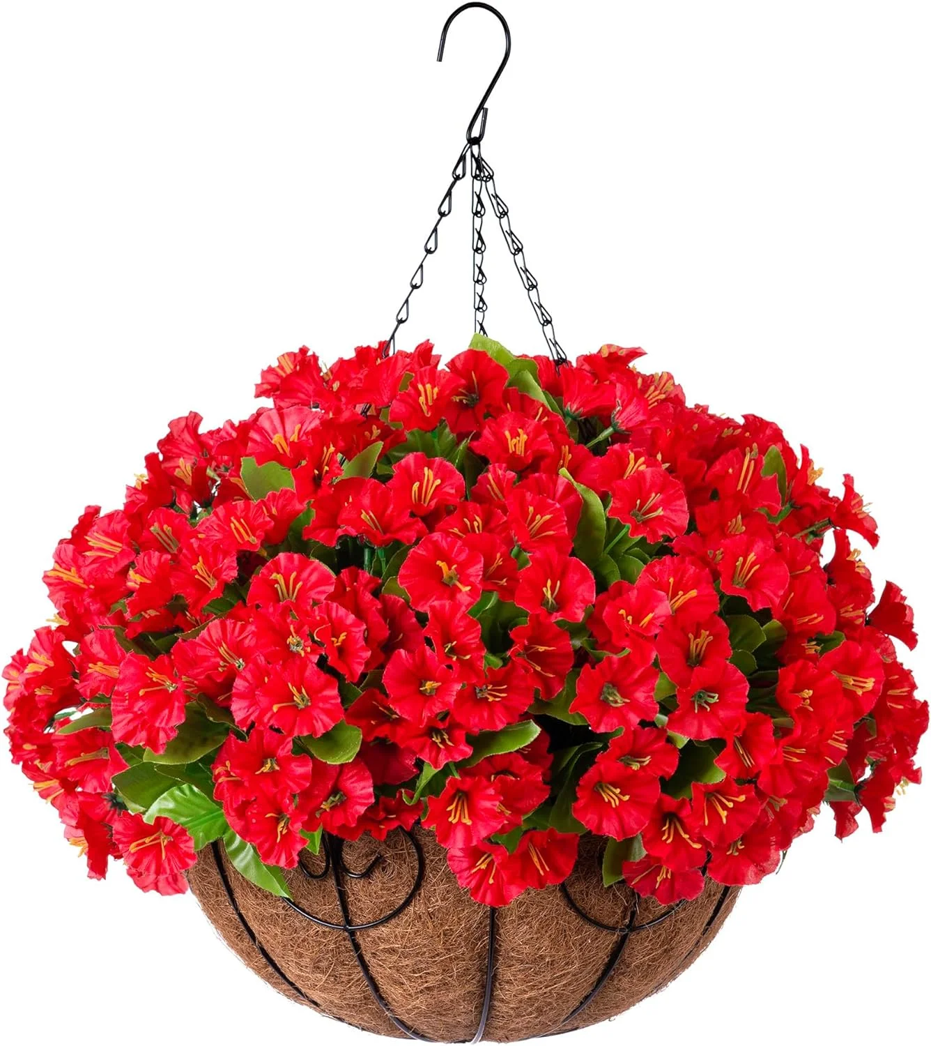 Artificial Hanging Plants Flowers with Basket for Spring Summer Outdoor Outside Decoration, Artificial Petunias Morning Glories Fake Plants for Patio Garden Porch Deck Yard(Red)