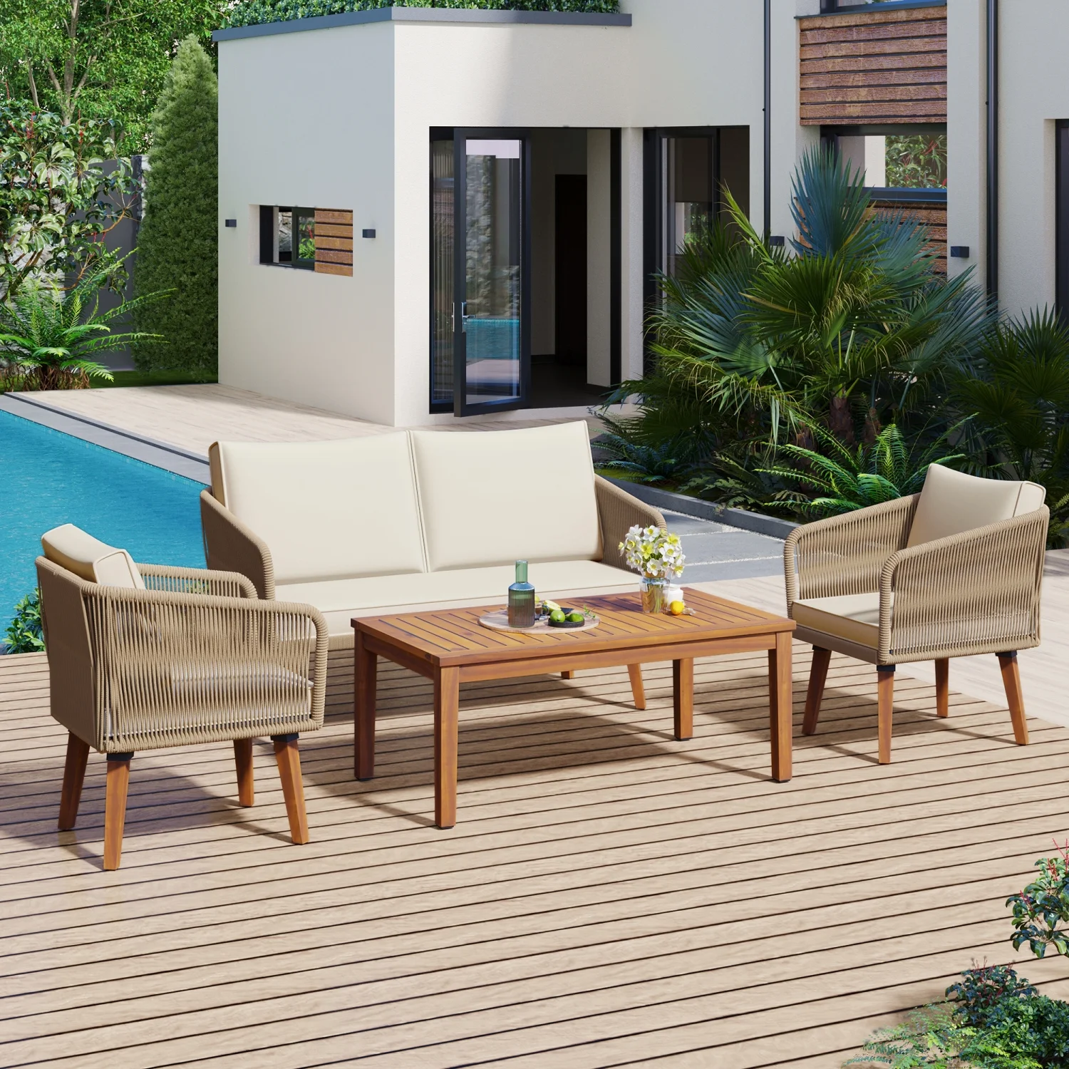 TREXM 4-Piece Patio Conversation Set  Solid Wood Loveseat  2 Chairs and Table  Outdoor Conversation Group with Cushions for Backyard  Poolside  Garden (Beige Cushion + Natural Rope)