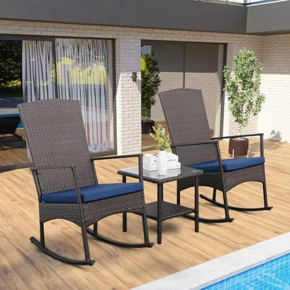 AYFDEGT Outdoor Rocking Chair 3 Piece Porch Chairs PE Wicker Patio  Brown Rattan  Sets with Coffee Table  Navy Blue Cushion