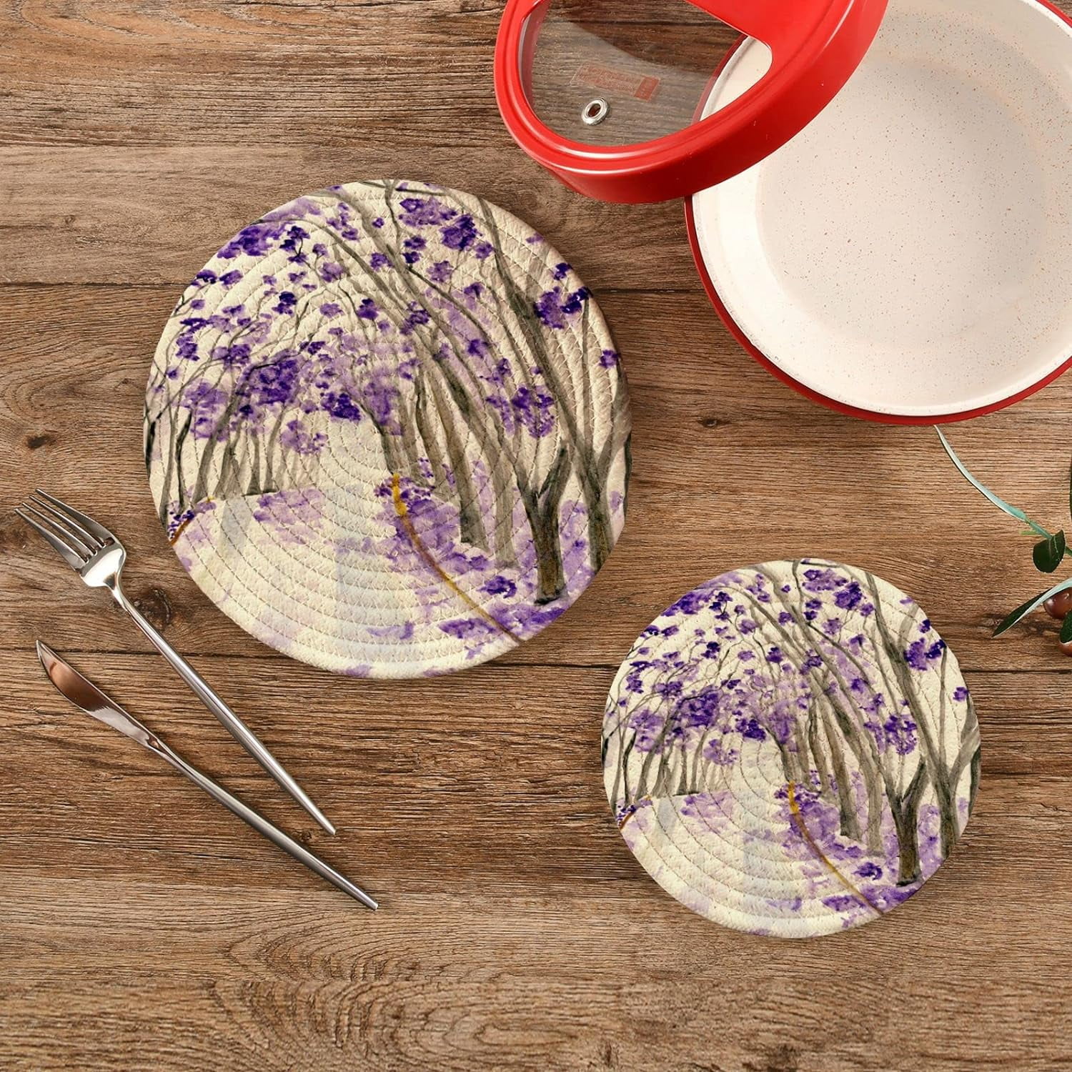 SKYSONIC Tree Purple Flowers Pot Holders Trivets, 2 Pcs Heat Resistant Trivets,Watercolor Summer Cotton Thread Weave Mats for Hot Pads Pans Pot Bowl Teapot for Kitchen Decor