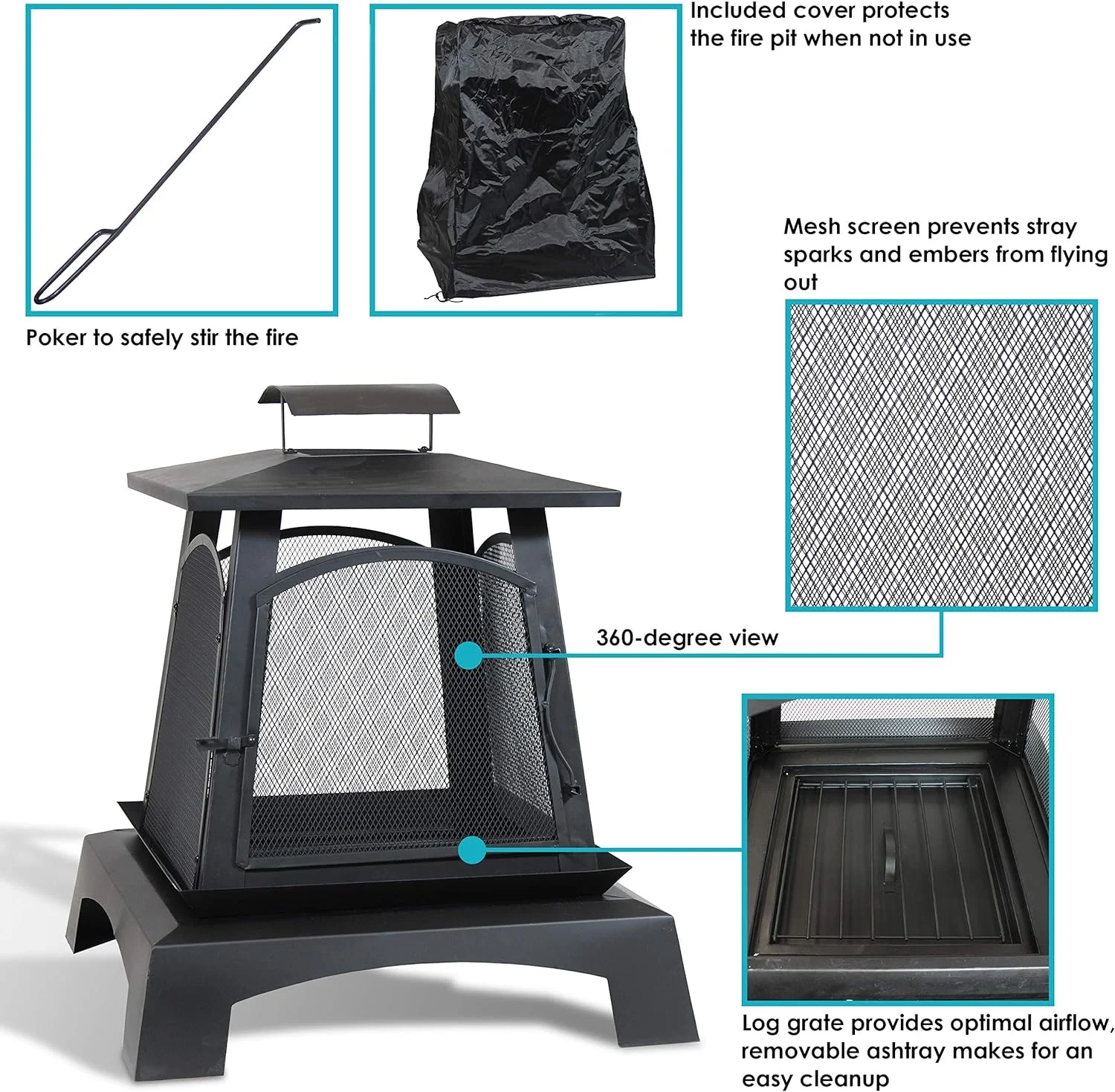 Pagoda-Style Steel Wood-Burning With Log Grate And - Black High-Temperature Paint Finish