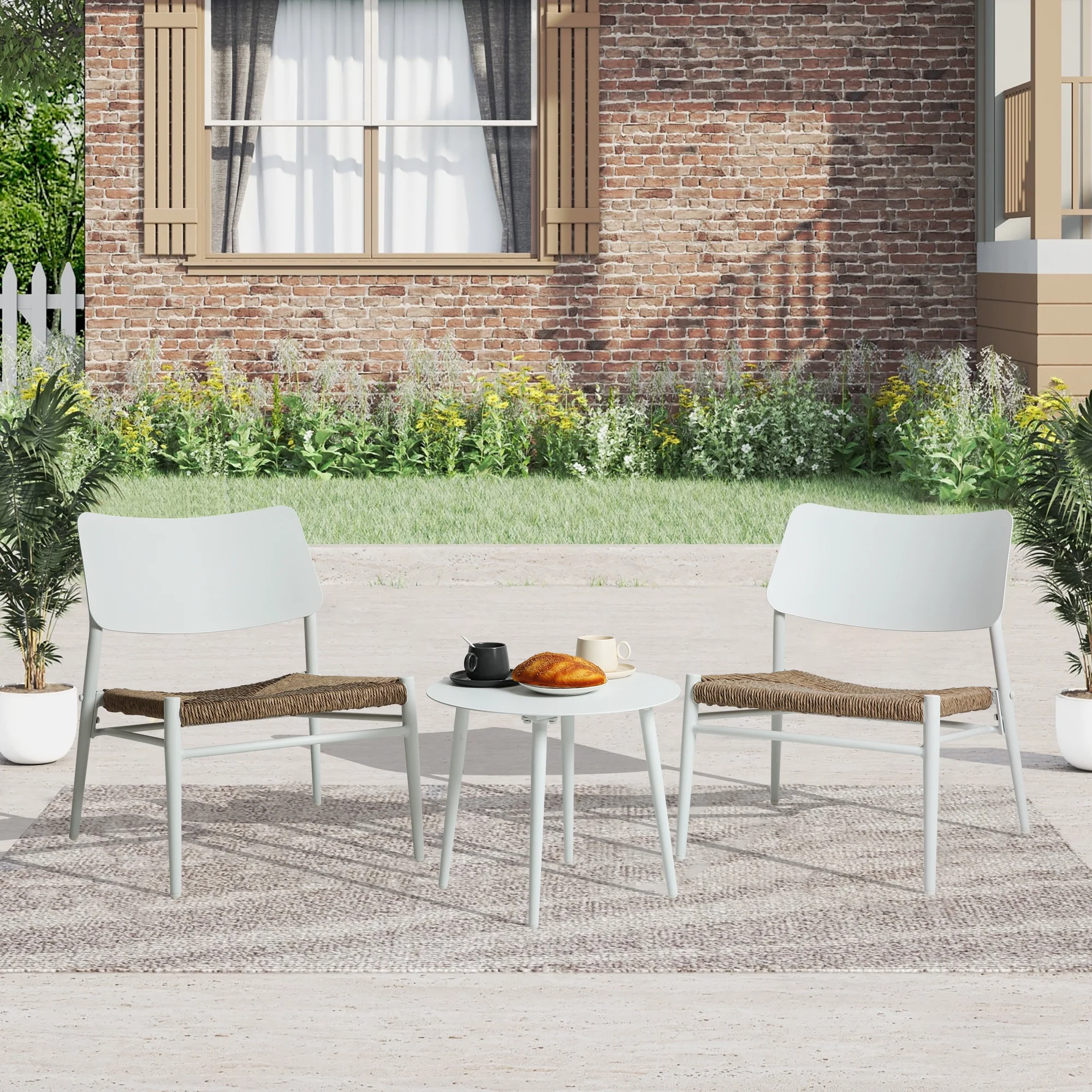 Aluminium 3 Piece Patio Set Bistro Table and Chairs Set , Backyard, Garden, Living Room, White