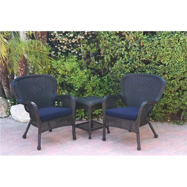 Jeco W00214-2-CES011 Windsor Black Wicker Chair & End Table Set with Blue Cushion