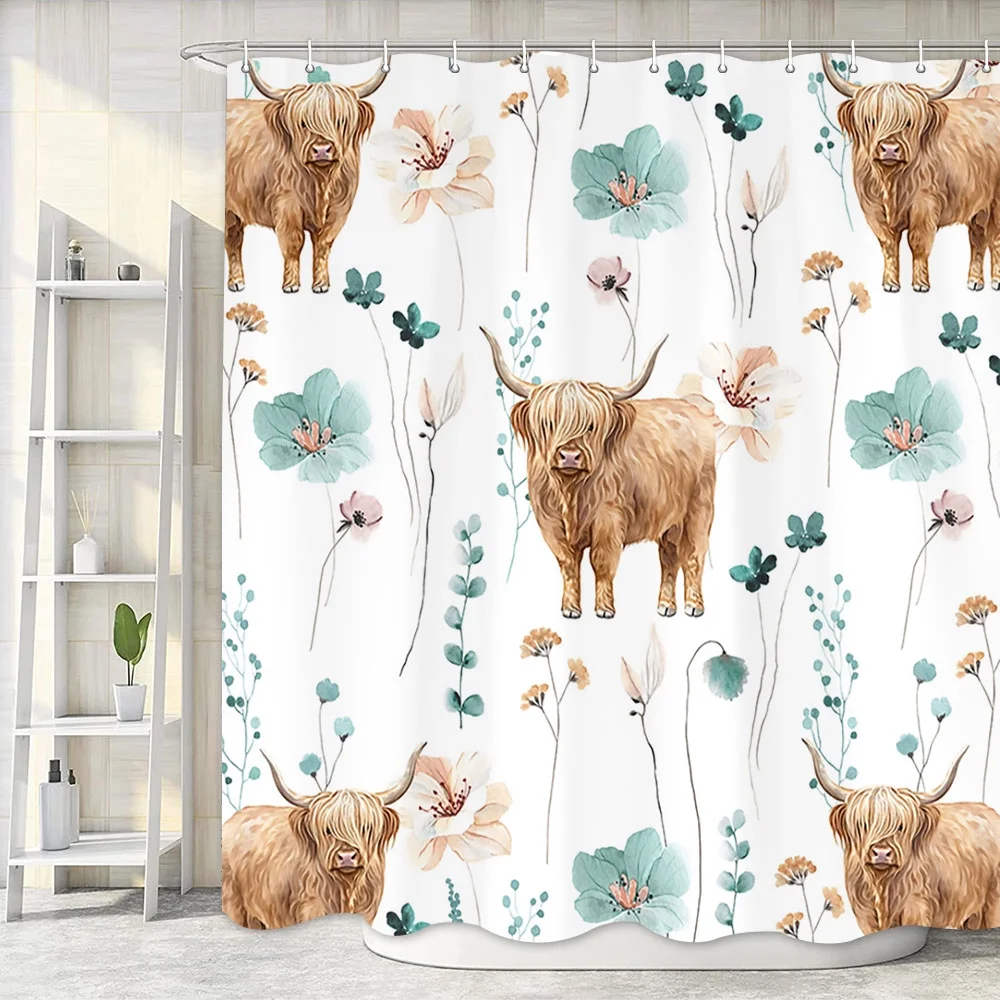 Watercolor Floral Shower Curtain, Rustic Farmhouse Funny Highland Cow Teal Beige Flower Shower Curtain for Bathroom, Modern Minimalist White Bathroom Accessories with 12PCS Hooks, 72X72IN