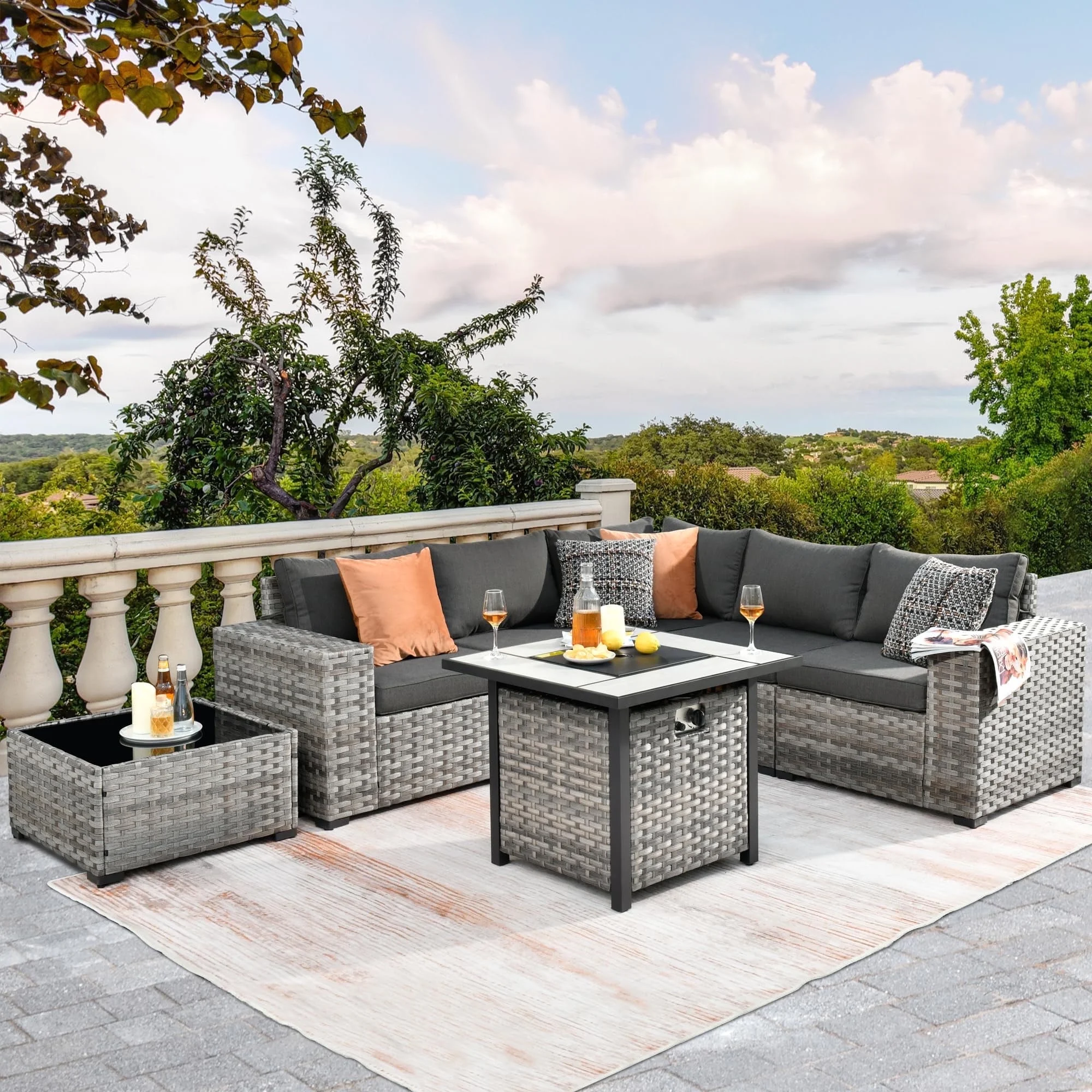 Vcatnet 7 Pieces Patio Furniture Outdoor Wicker Conversation Set with Fire Pit Table and Coffee Table,Black