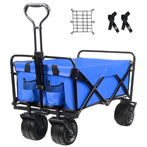Collapsible Heavy Duty Beach Wagon Cart Outdoor Folding Utility Camping Garden Beach Cart with Universal Wheels Adjustable Handle Shopping (Blue)