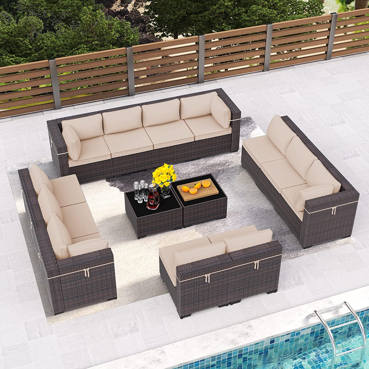 Outdoor Patio Furniture Set  14 Pieces Outdoor Furniture All Weather Patio Sectional Sofa PE Wicker Modular Conversation Sets with Coffee Table 12 Chairs & Seat Clips(Sand)