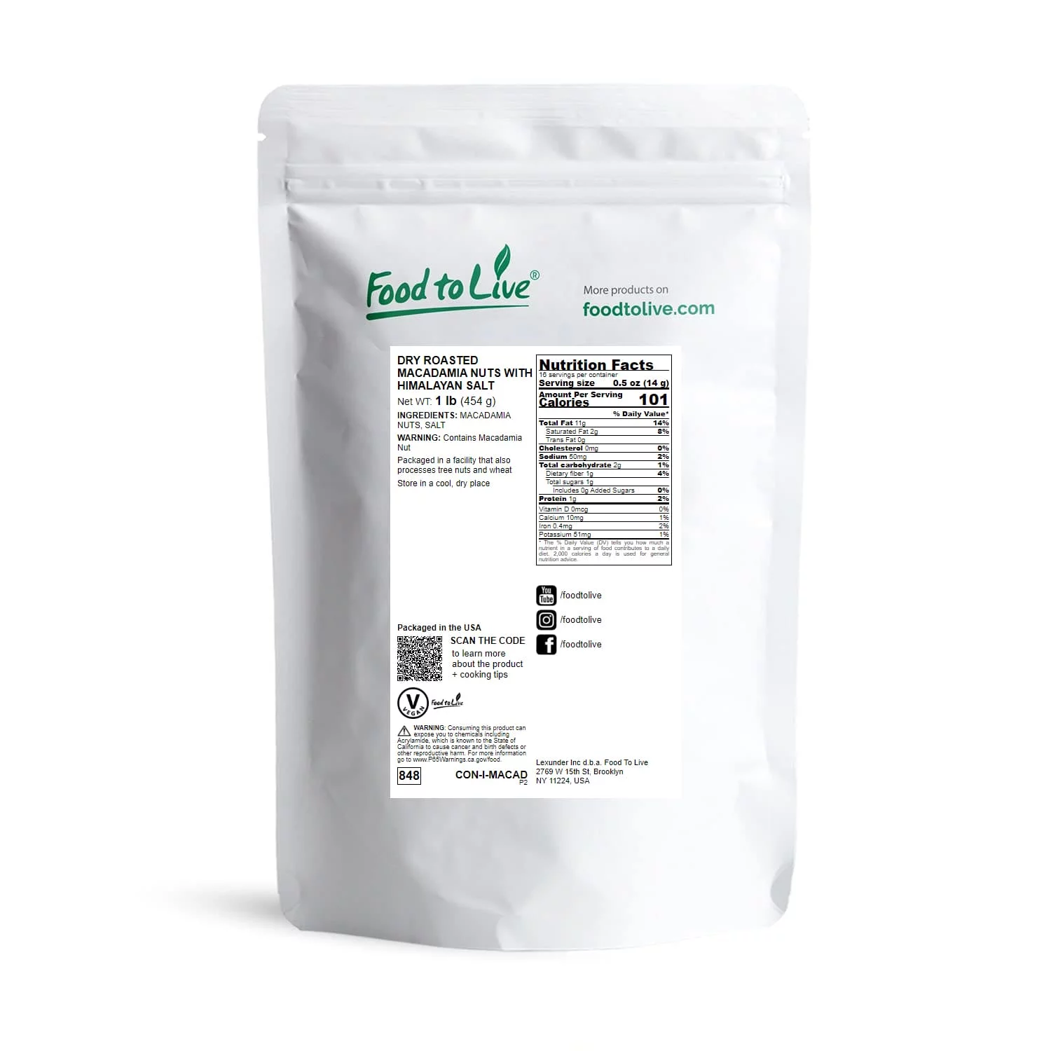 Dry Roasted Macadamia Nuts with Himalayan Salt, 1 Pound — Vegan — by Food to Live