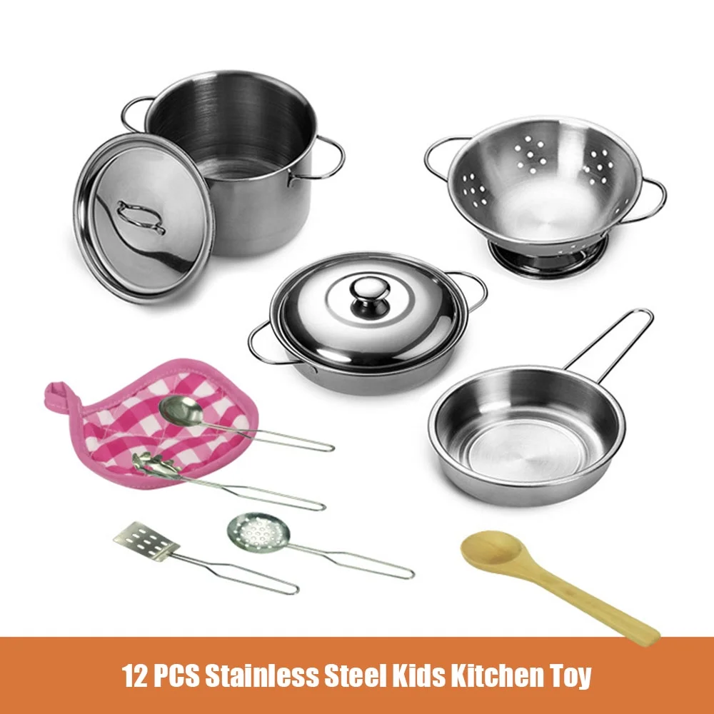 12 PCS Kitchen Set Pretend Play with Storage Bag Simulated Kitchen Stainless Steel Soup Pot Pan Shovel Spoon Role Playset Cooking Set Gift for Girls Boys