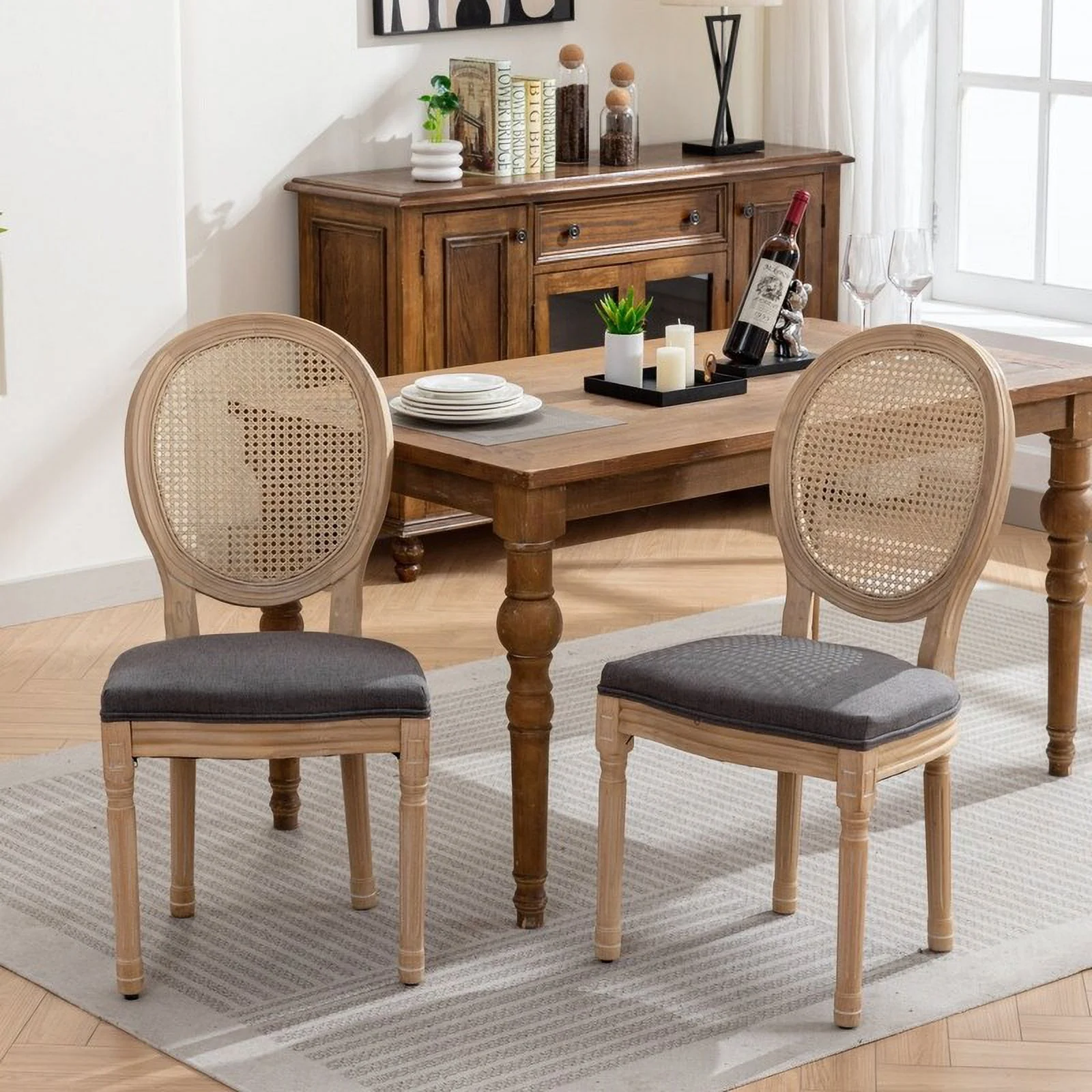 French Style Dining Chairs Set of 2 with Solid Wood Frame and Linen Fabric Rattan Back Beige